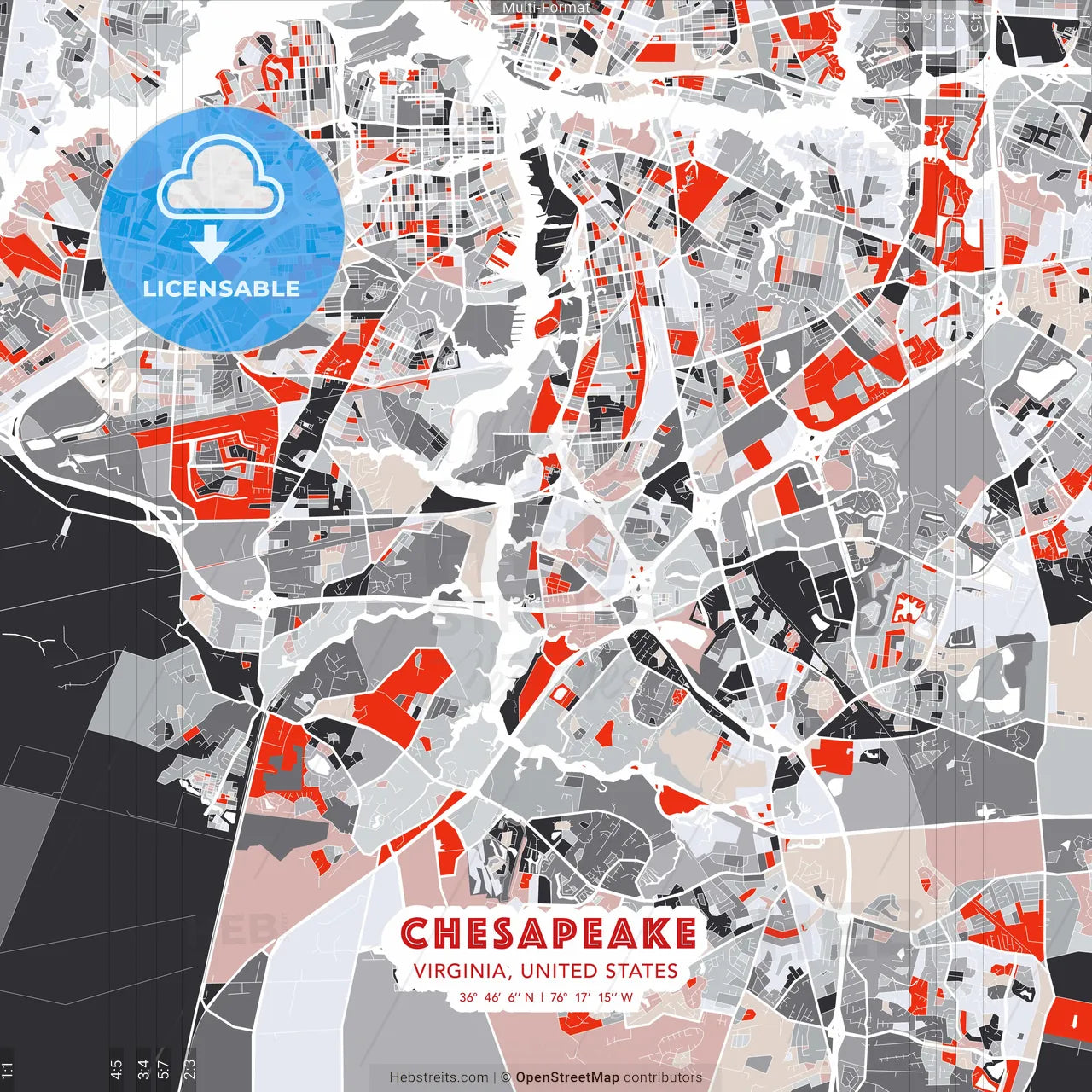 Chesapeake, Virginia, United States - modern street map poster template with gray and red tones