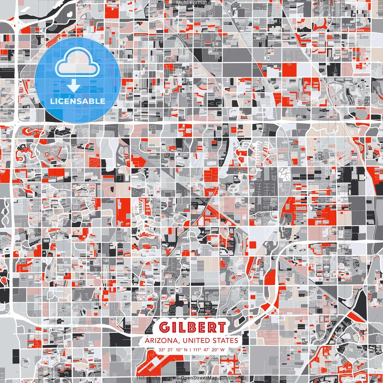 Gilbert, Arizona, United States - modern street map poster template with gray and red tones