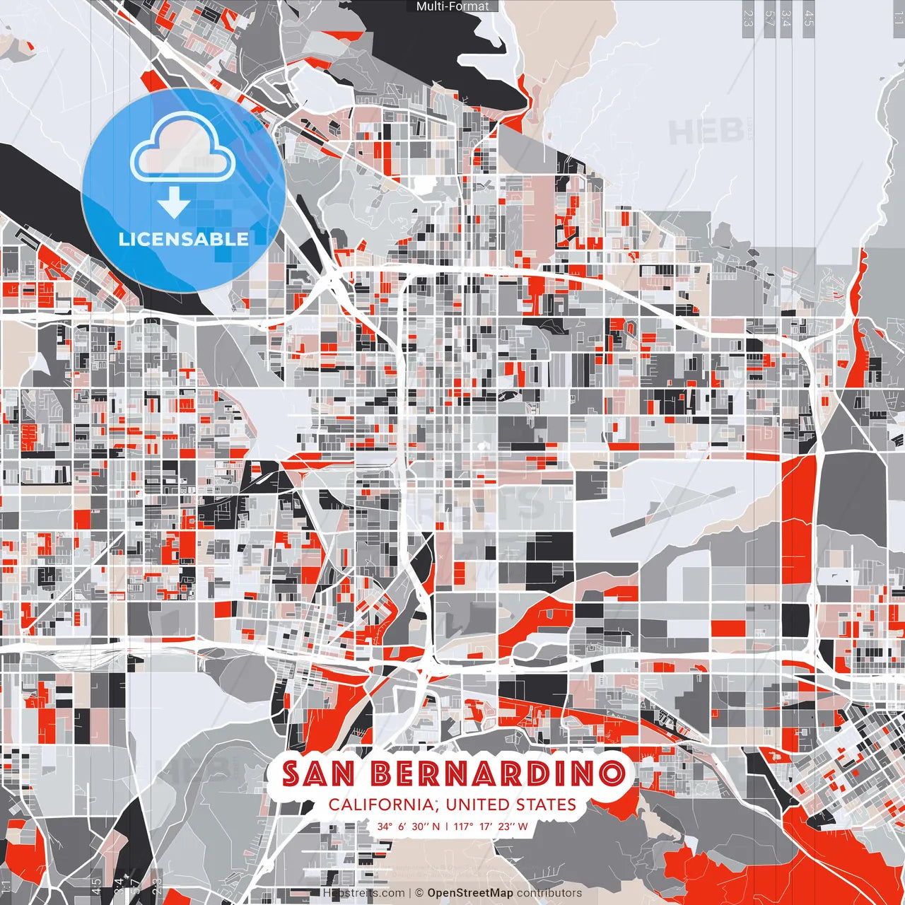 San Bernardino, California, United States - modern street map poster template with gray and red tones