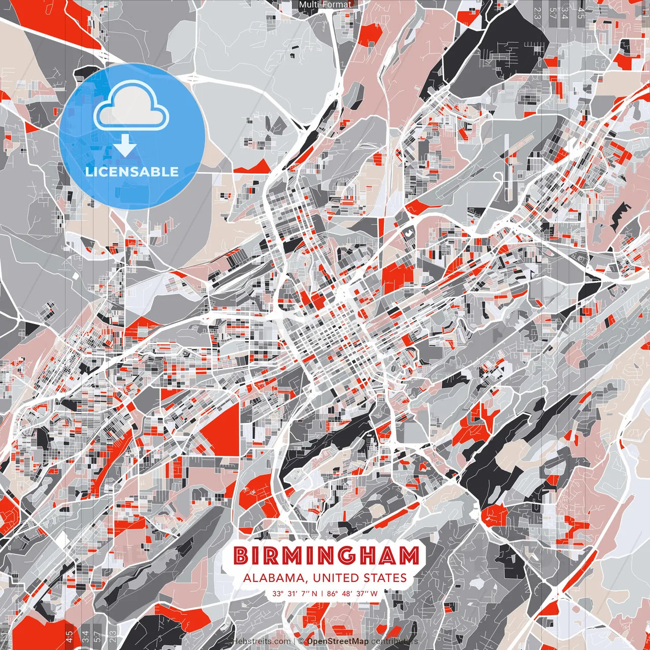 Birmingham, Alabama, United States - modern street map poster template with gray and red tones