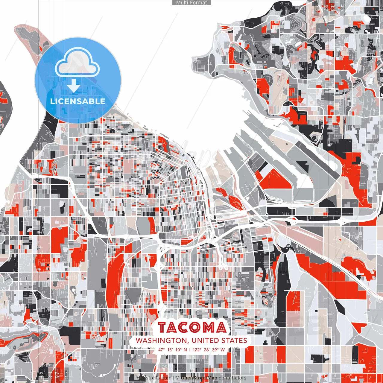 Tacoma, Washington, United States - modern street map poster template with gray and red tones