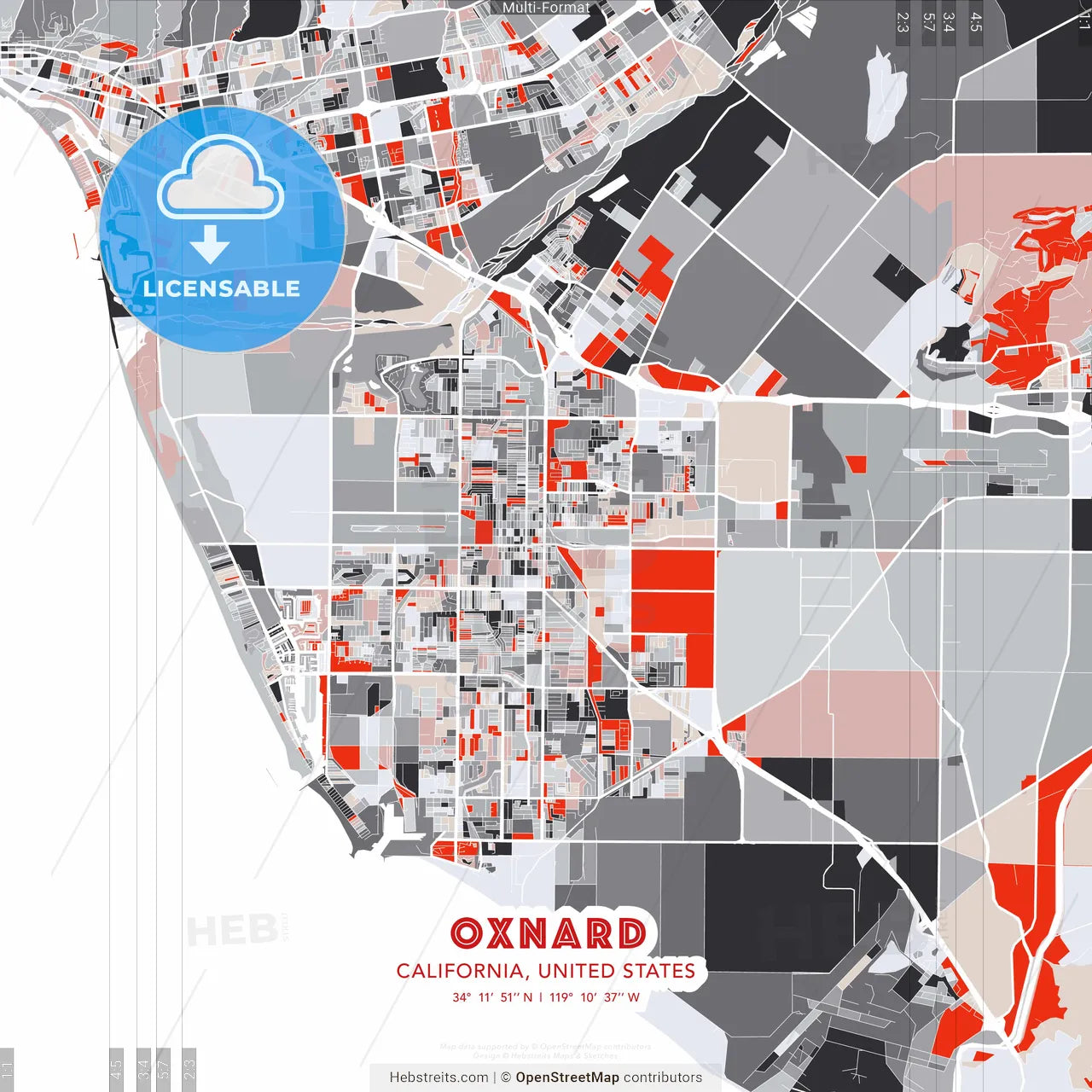 Oxnard, California, United States - modern street map poster template with gray and red tones