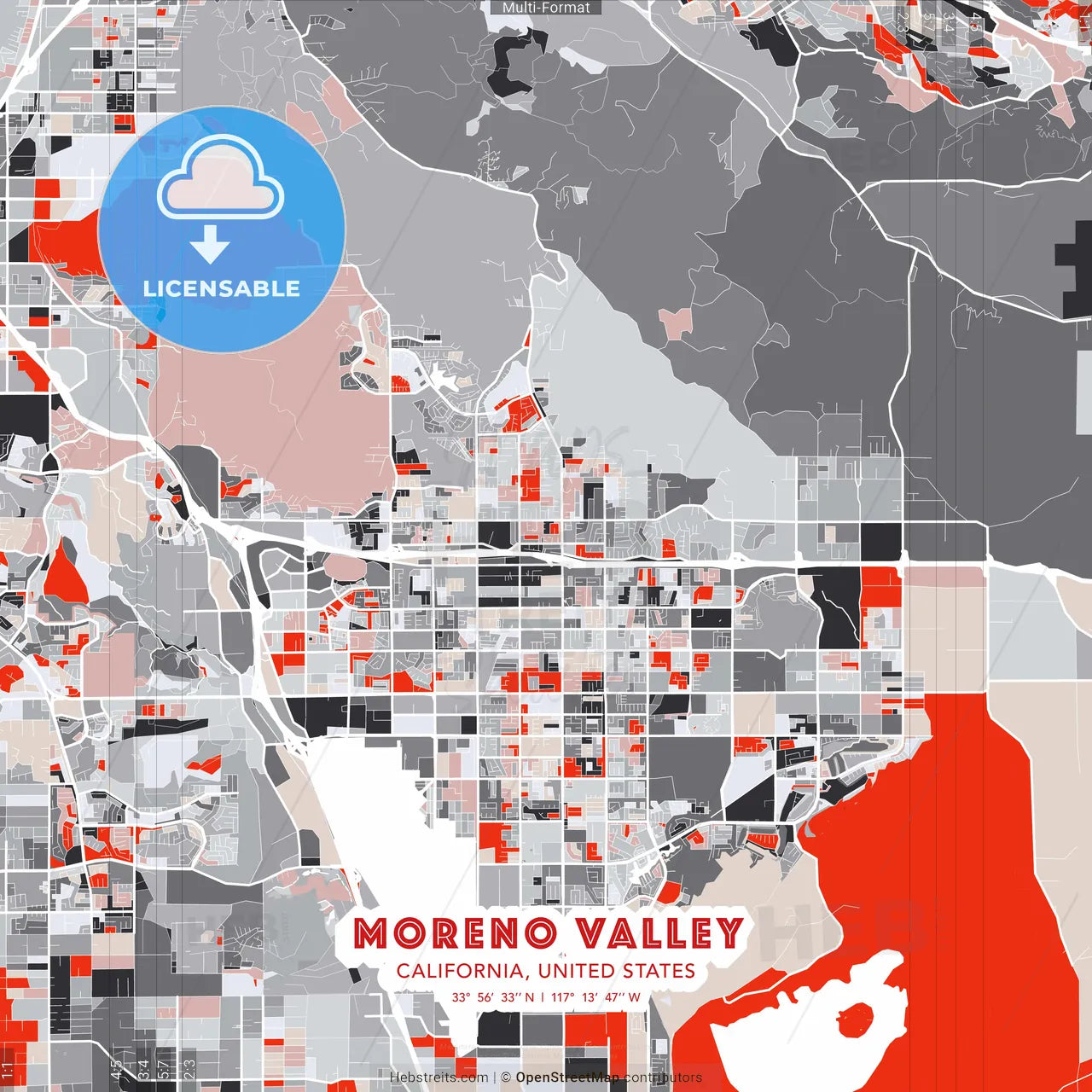 Moreno Valley, California, United States - modern street map poster template with gray and red tones