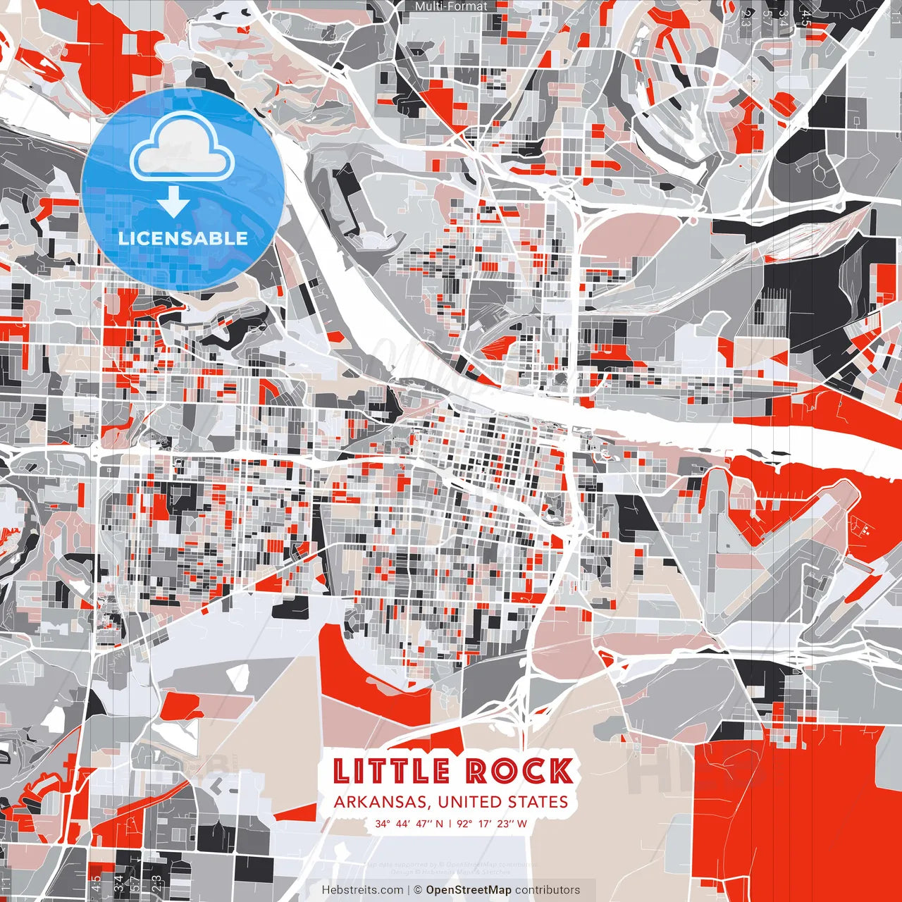 Little Rock, Arkansas, United States - modern street map poster template with gray and red tones