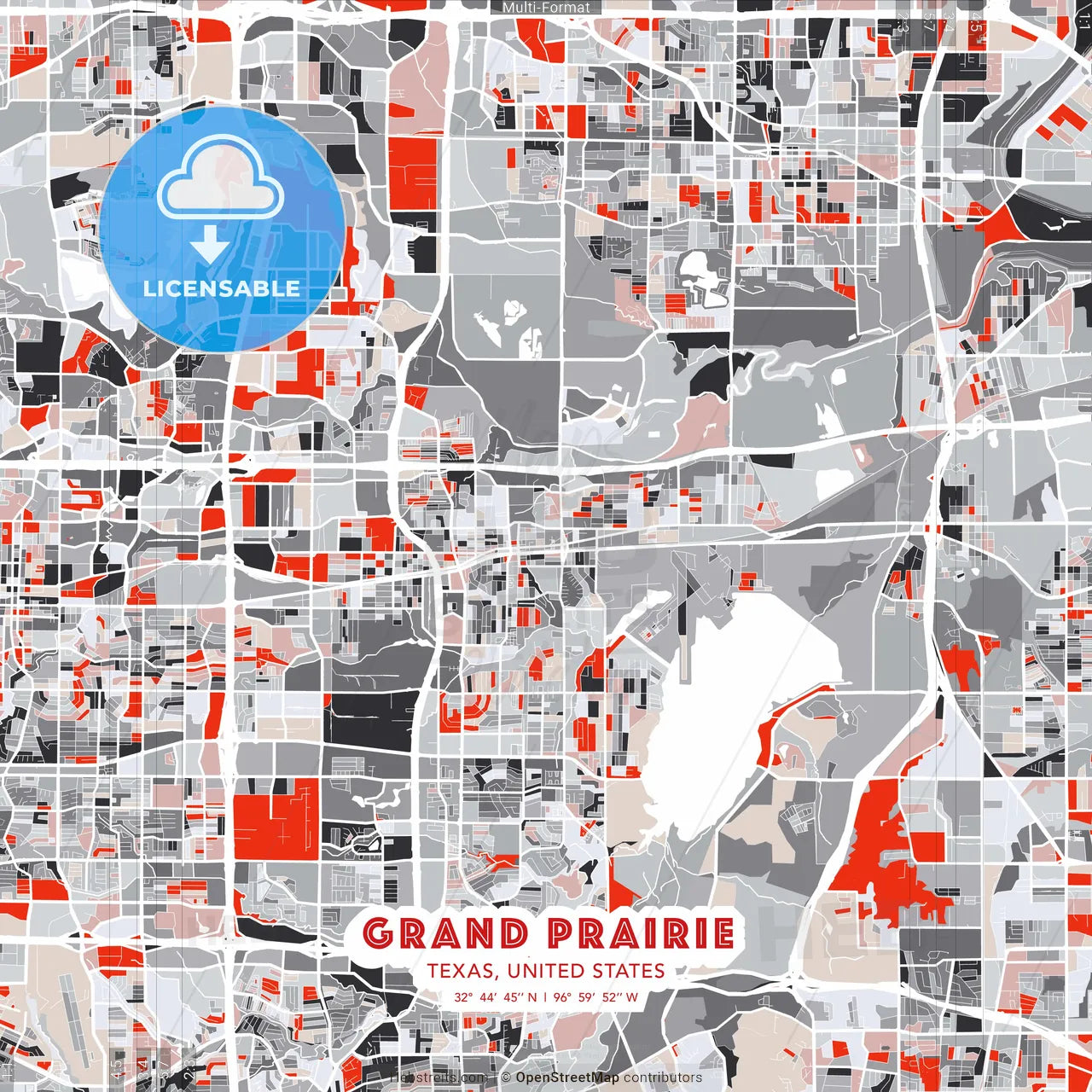 Grand Prairie, Texas, United States - modern street map poster template with gray and red tones