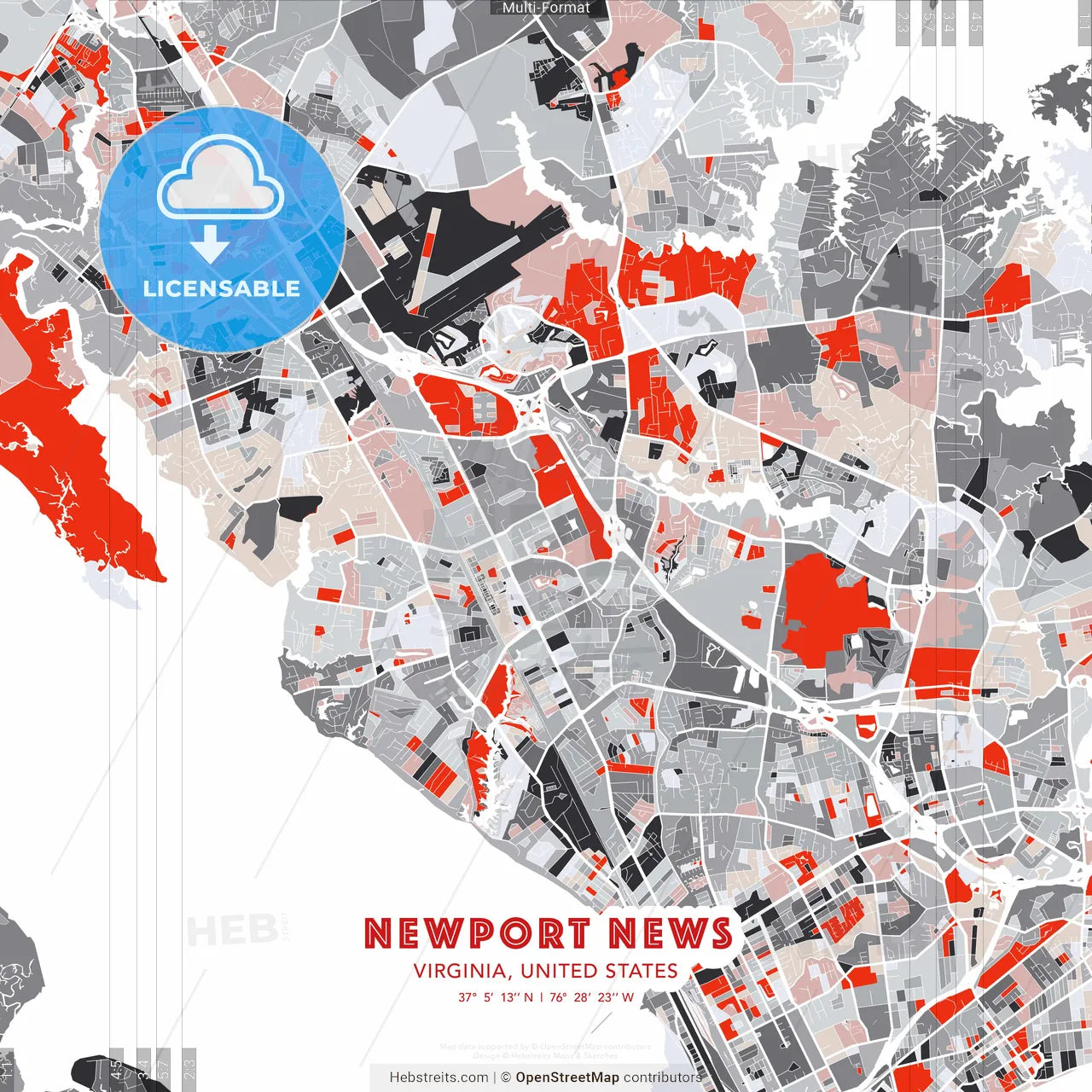 Newport News, Virginia, United States - modern street map poster template with gray and red tones