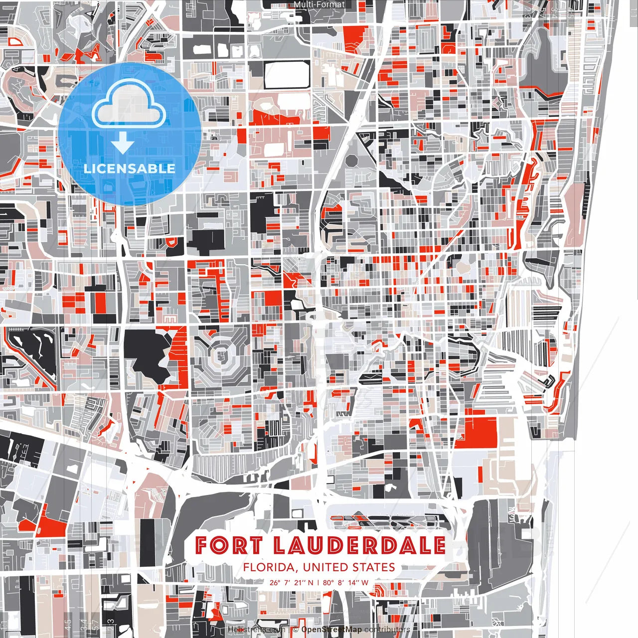 Fort Lauderdale, Florida, United States - modern street map poster template with gray and red tones