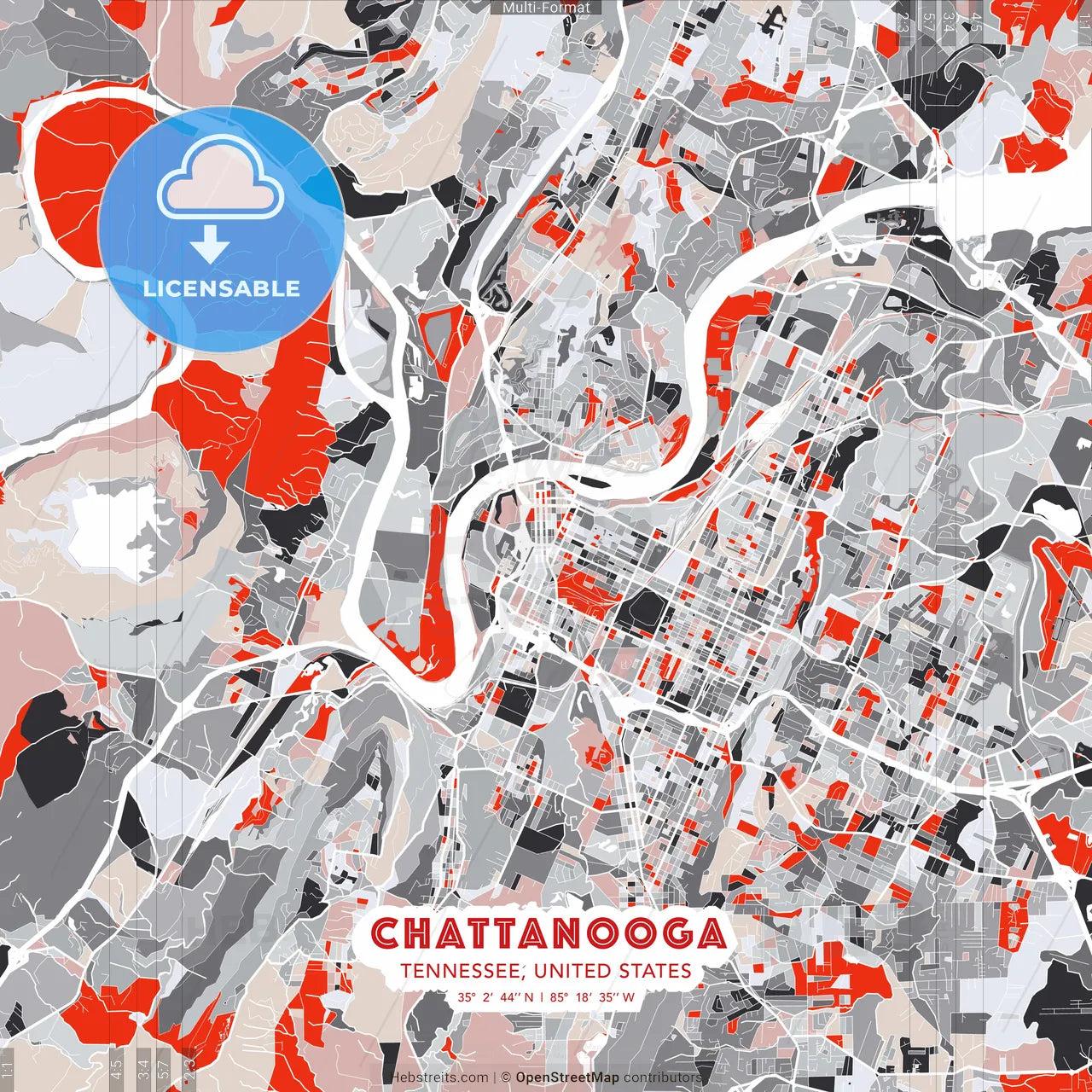 Chattanooga, Tennessee, United States - modern street map poster template with gray and red tones