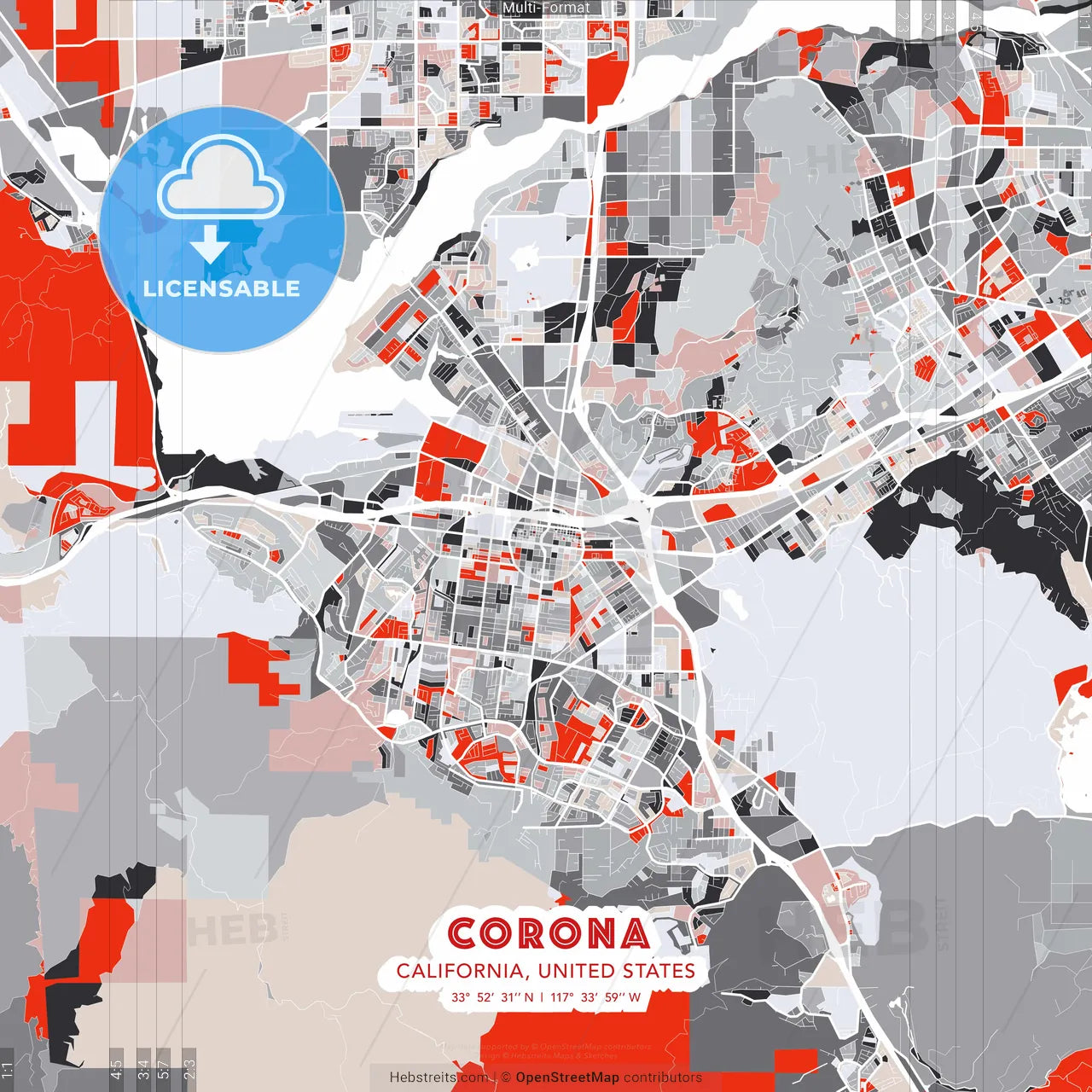 Corona, California, United States - modern street map poster template with gray and red tones
