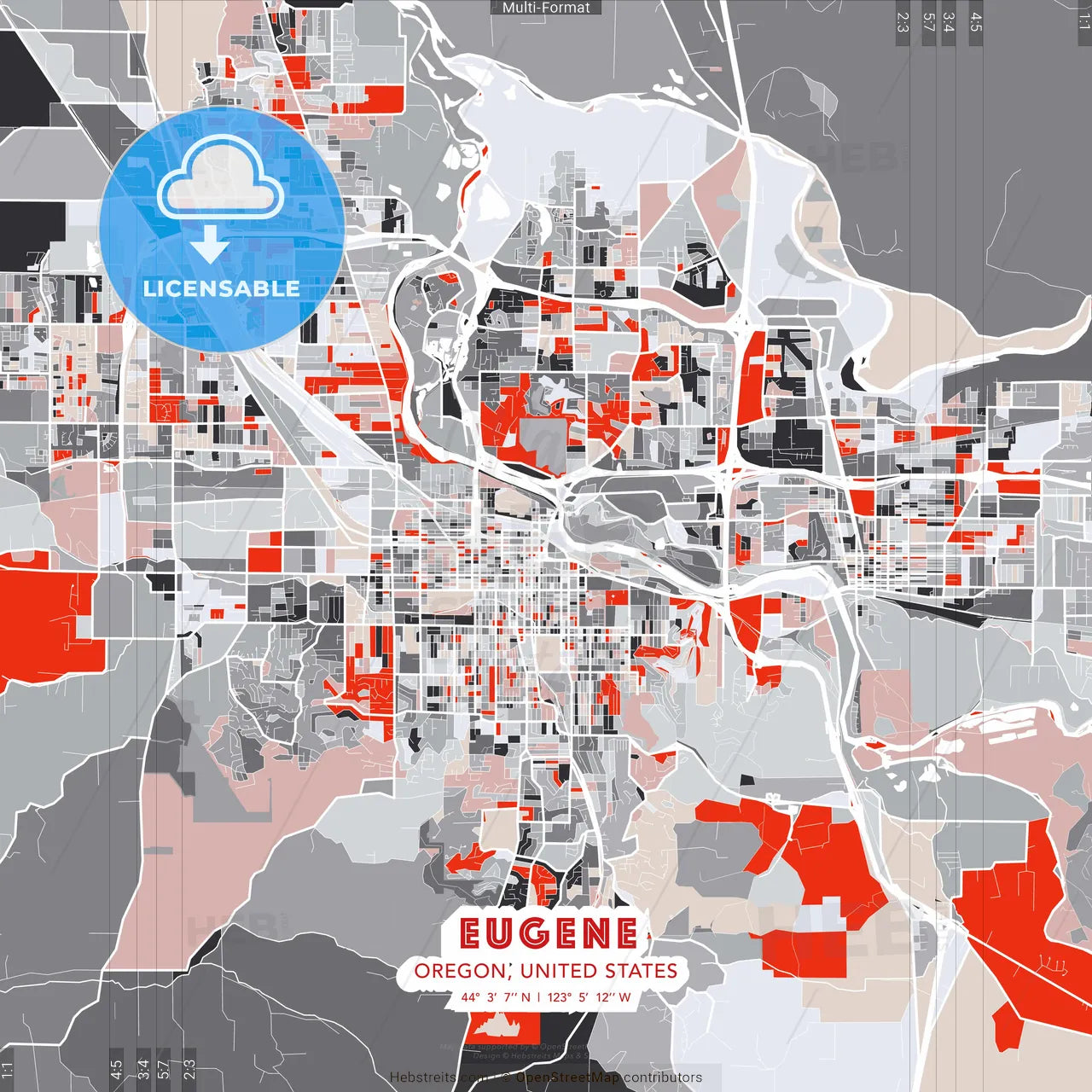 Eugene, Oregon, United States - modern street map poster template with gray and red tones