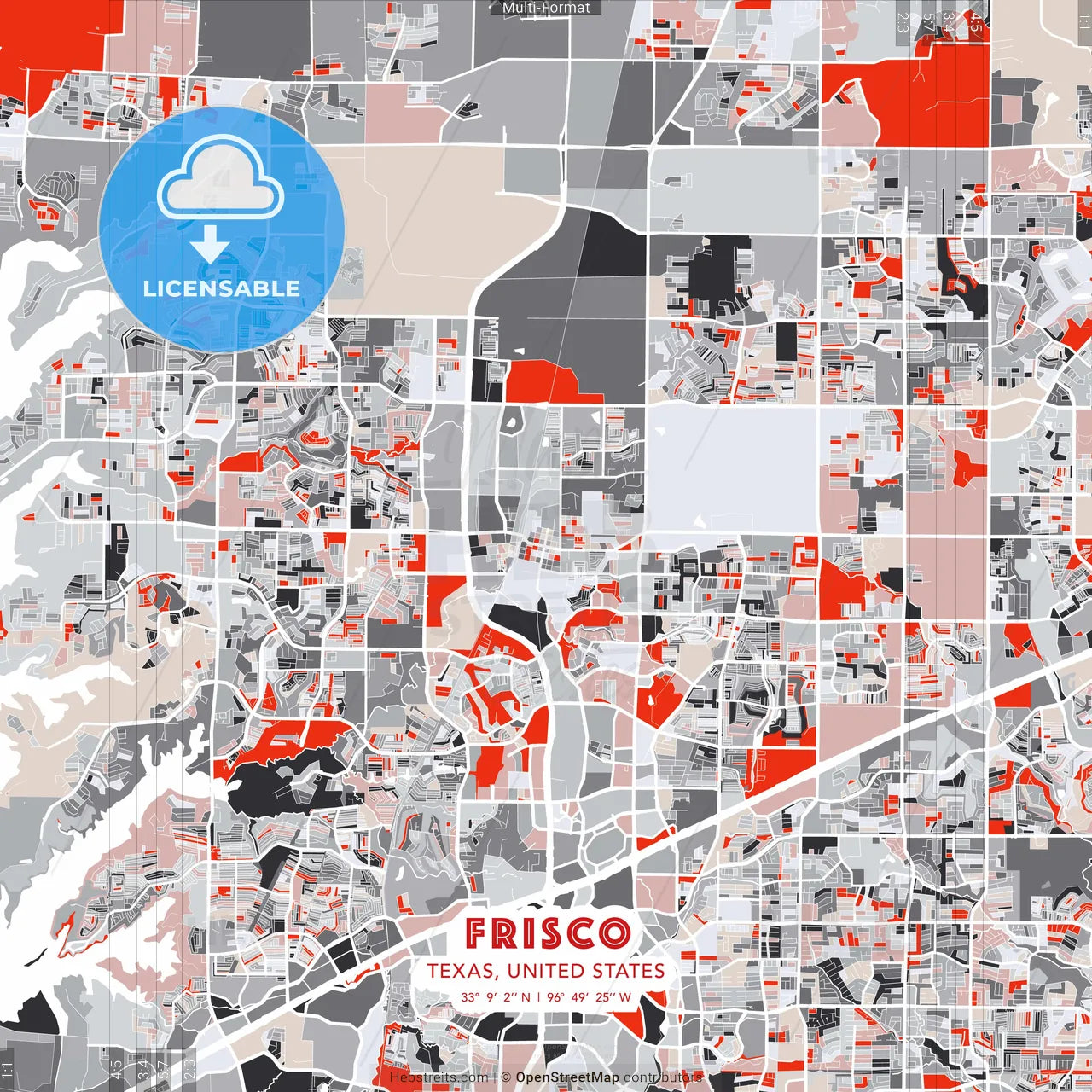 Frisco, Texas, United States - modern street map poster template with gray and red tones