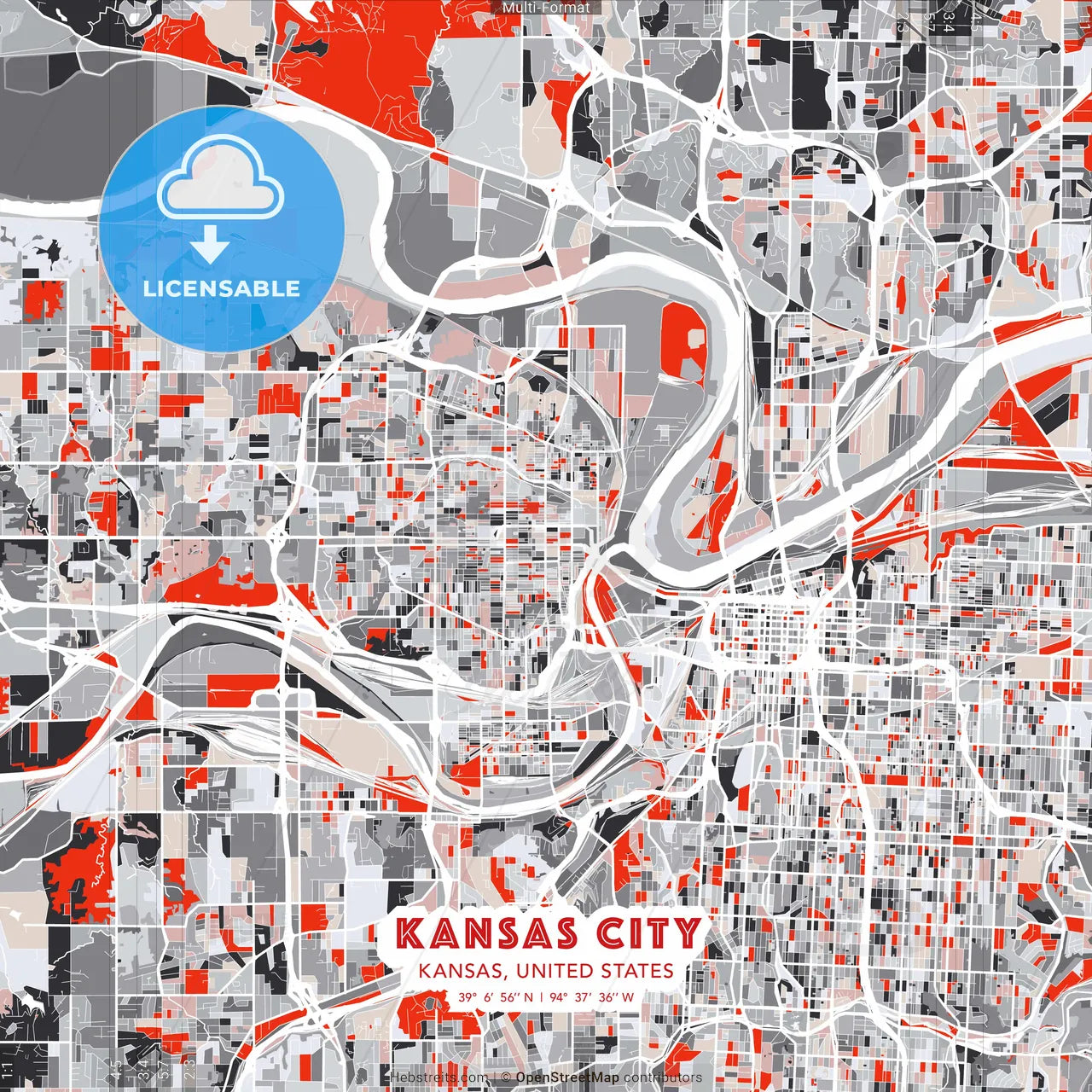 Kansas City, Kansas, United States - modern street map poster template with gray and red tones