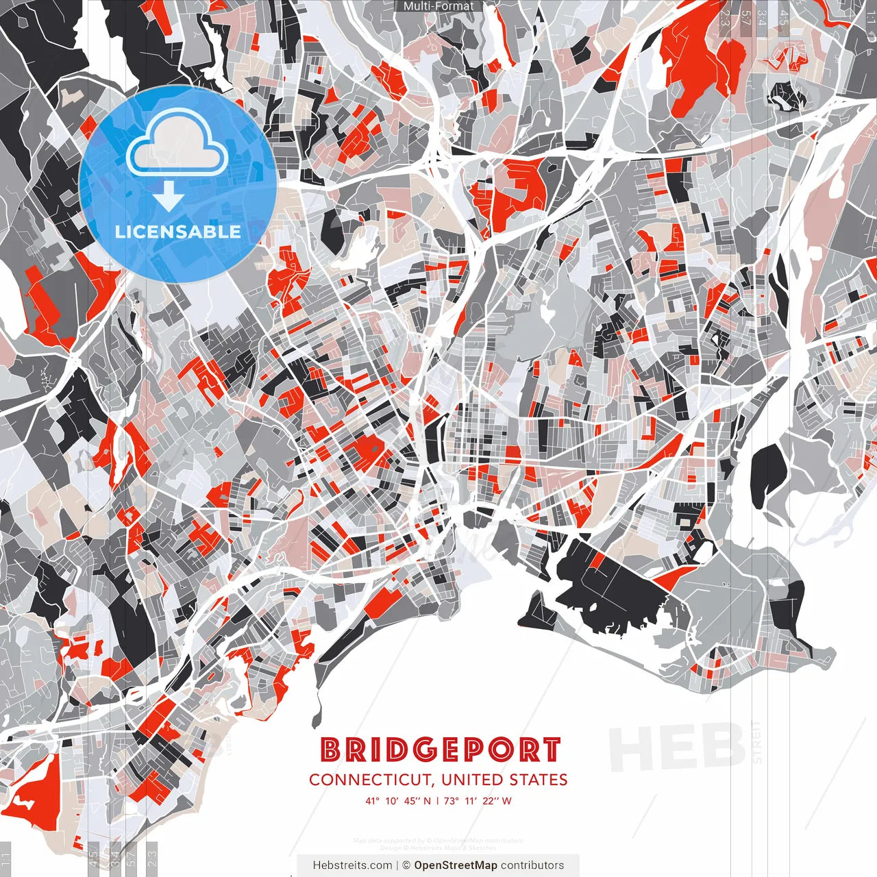 Bridgeport, Connecticut, United States - modern street map poster template with gray and red tones