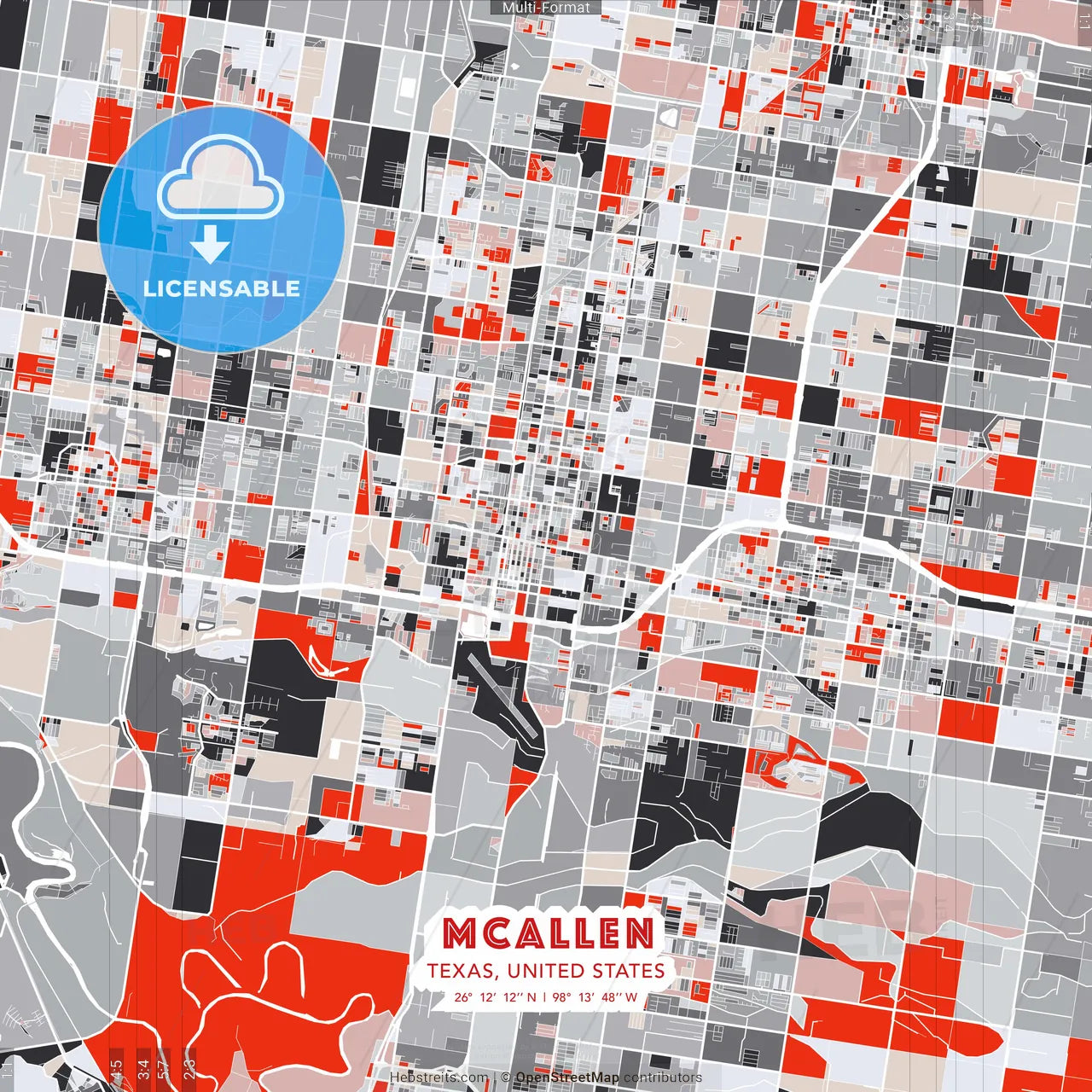 McAllen, Texas, United States - modern street map poster template with gray and red tones