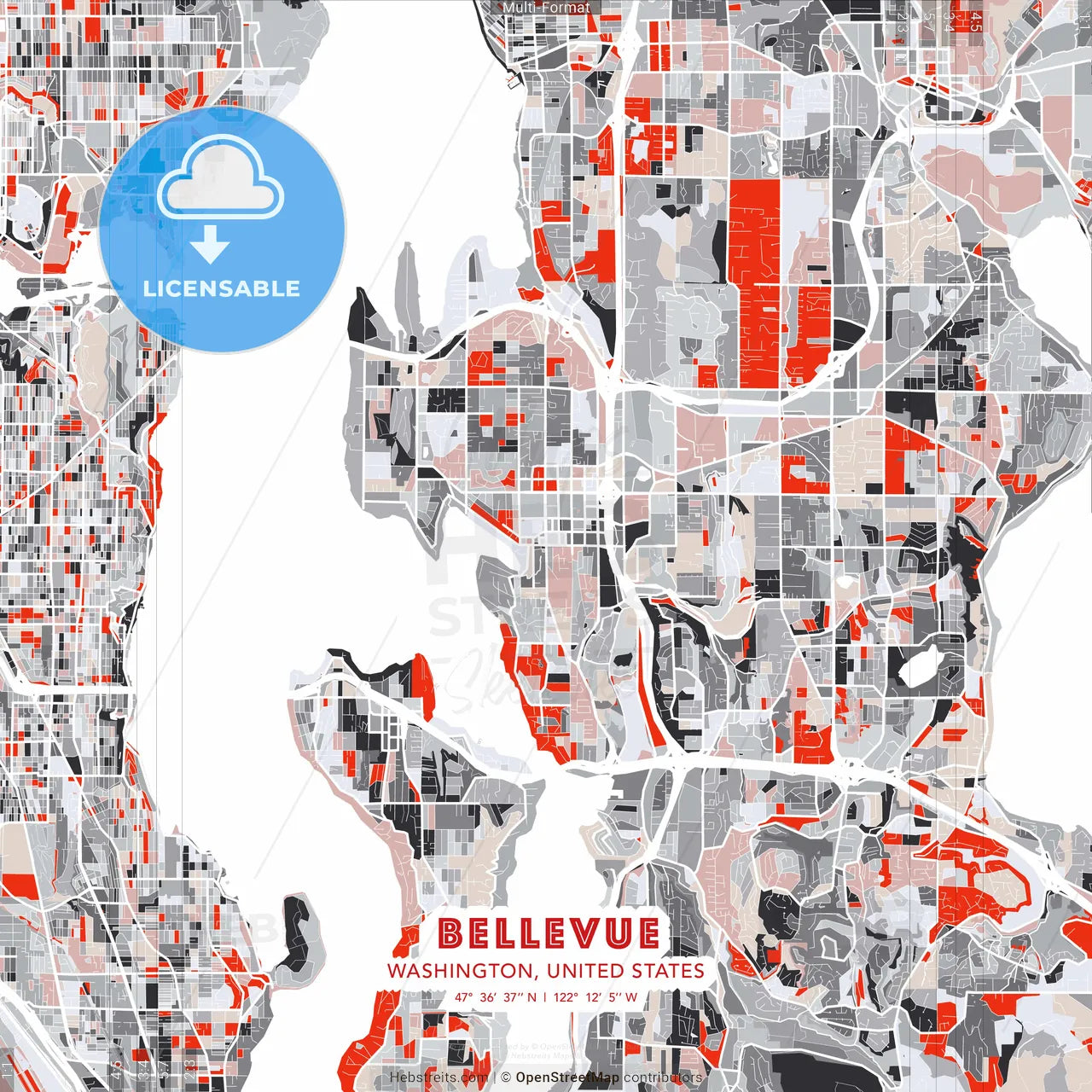 Bellevue, Washington, United States - modern street map poster template with gray and red tones