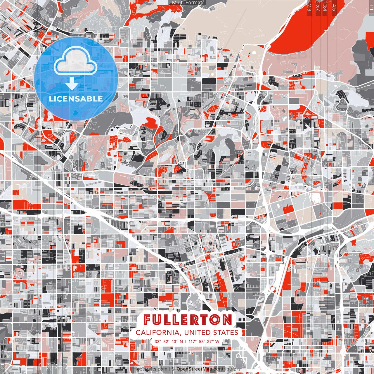 Fullerton, California, United States - modern street map poster template with gray and red tones