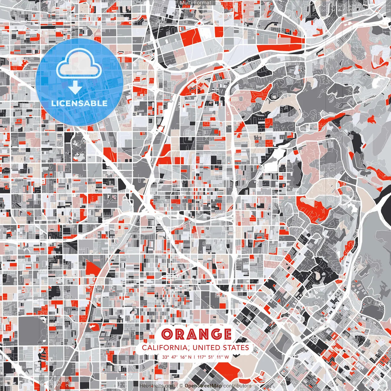 Orange, California, United States - modern street map poster template with gray and red tones