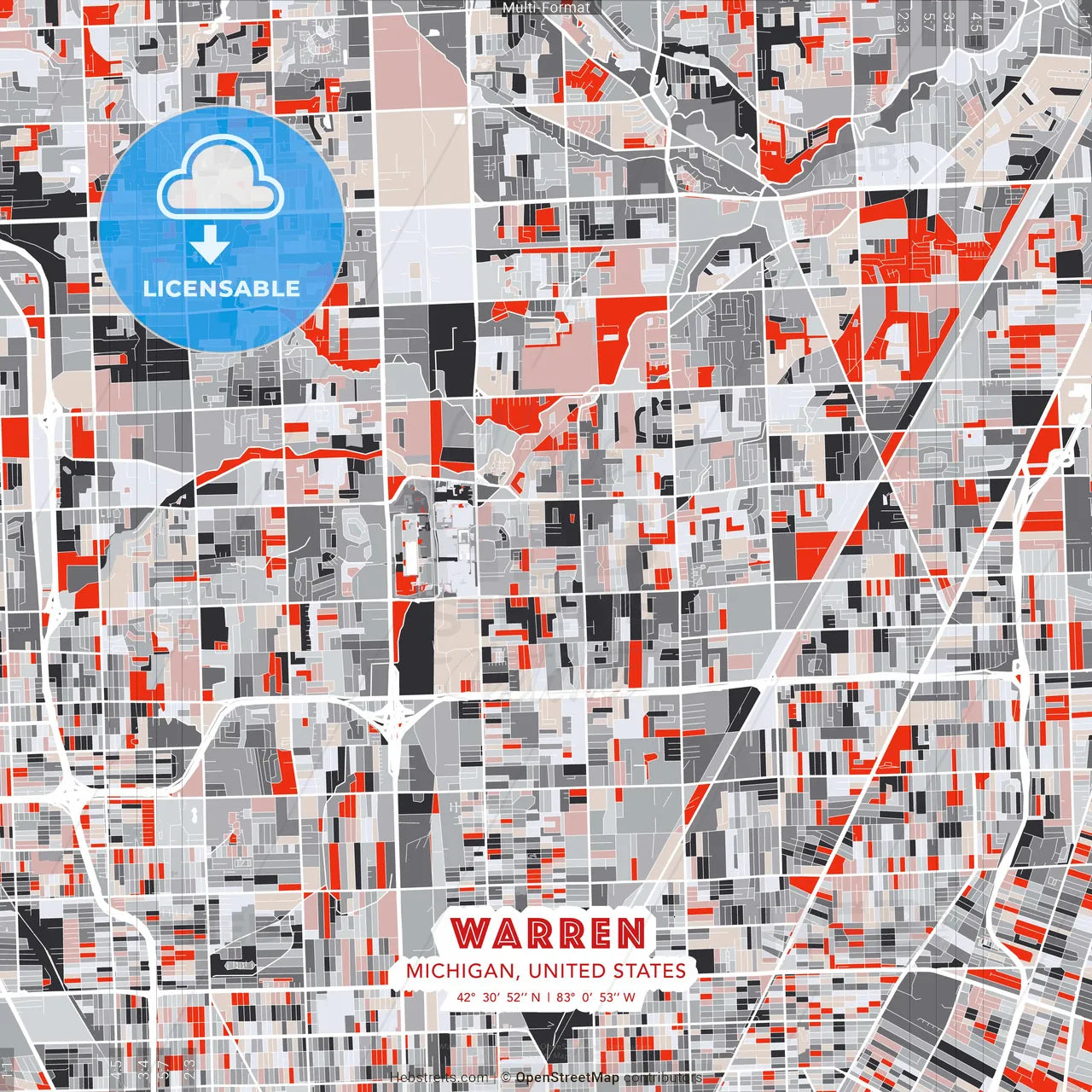 Warren, Michigan, United States - modern street map poster template with gray and red tones