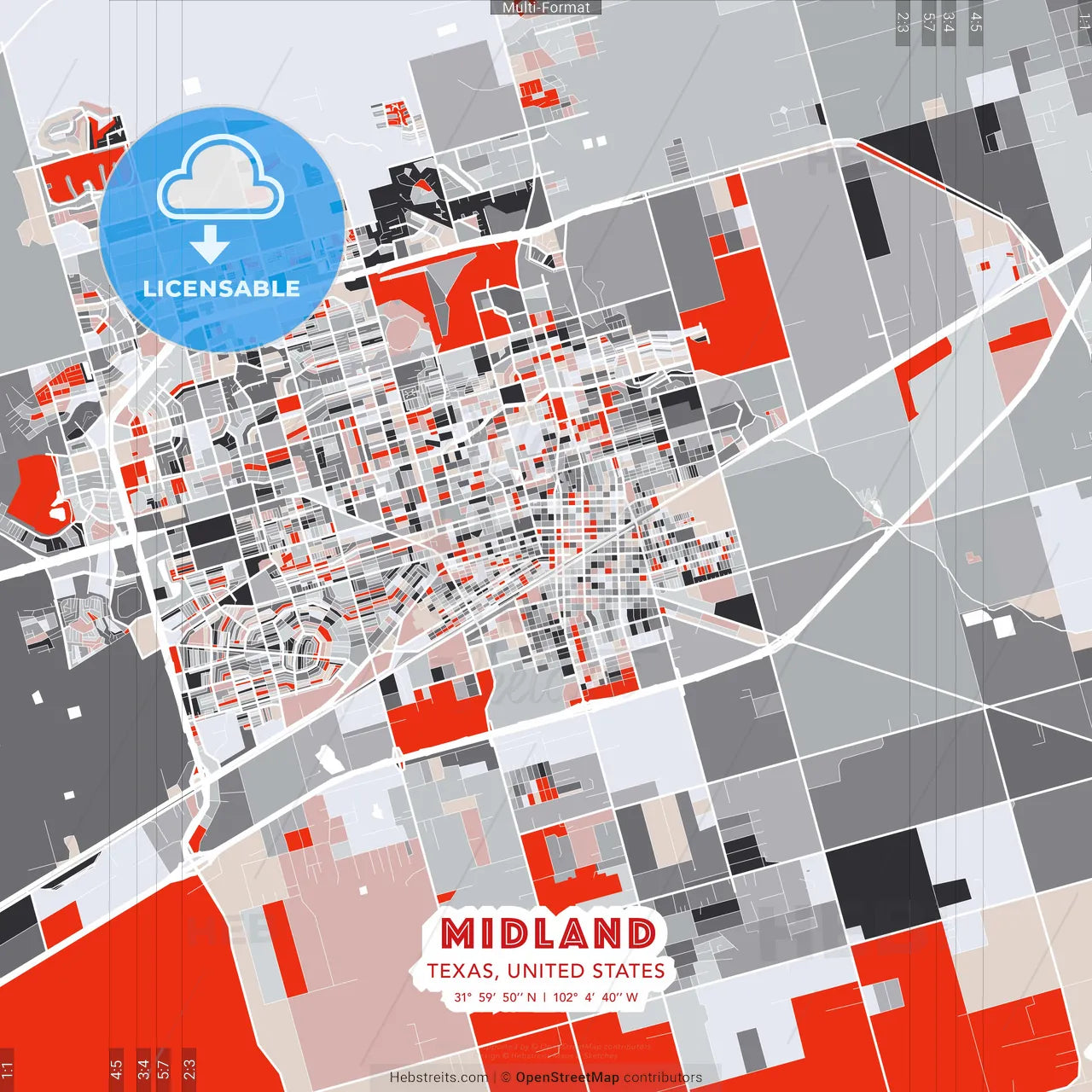 Midland, Texas, United States - modern street map poster template with gray and red tones