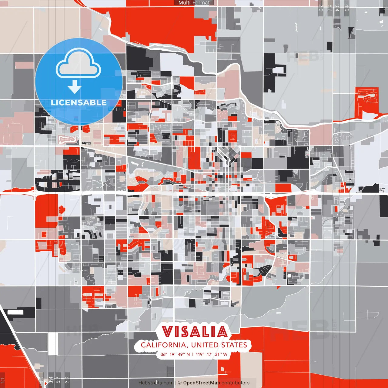 Visalia, California, United States - modern street map poster template with gray and red tones
