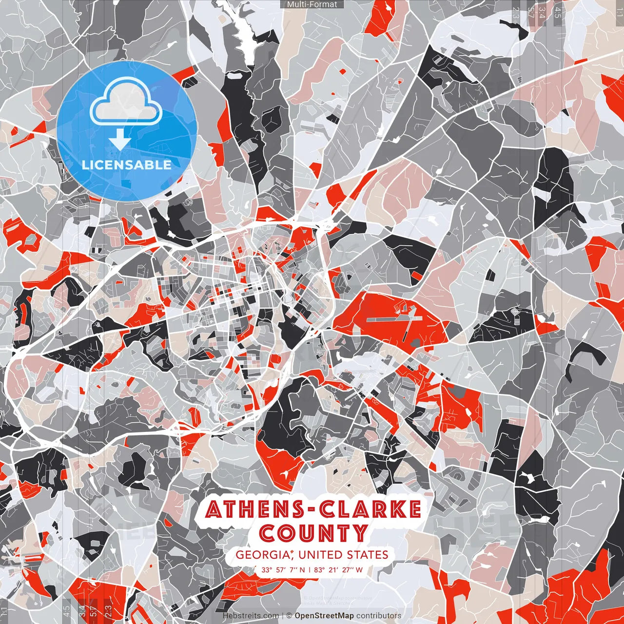 Athens-Clarke County, Georgia, United States - modern street map poster template with gray and red tones