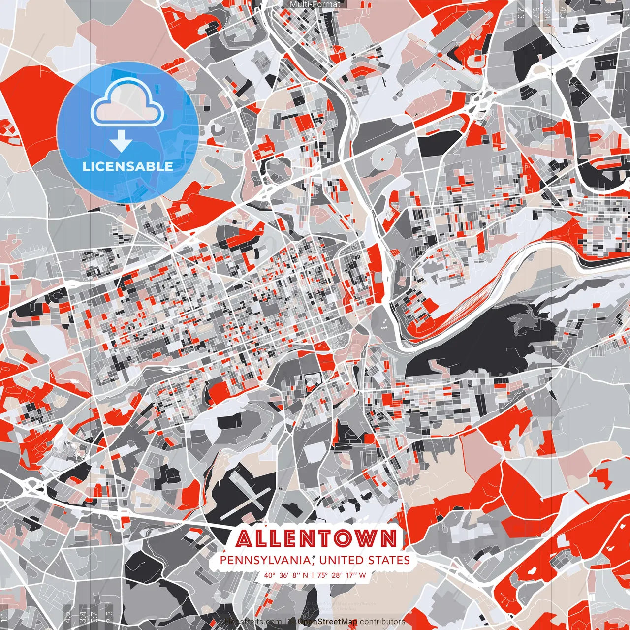 Allentown, Pennsylvania, United States - modern street map poster template with gray and red tones