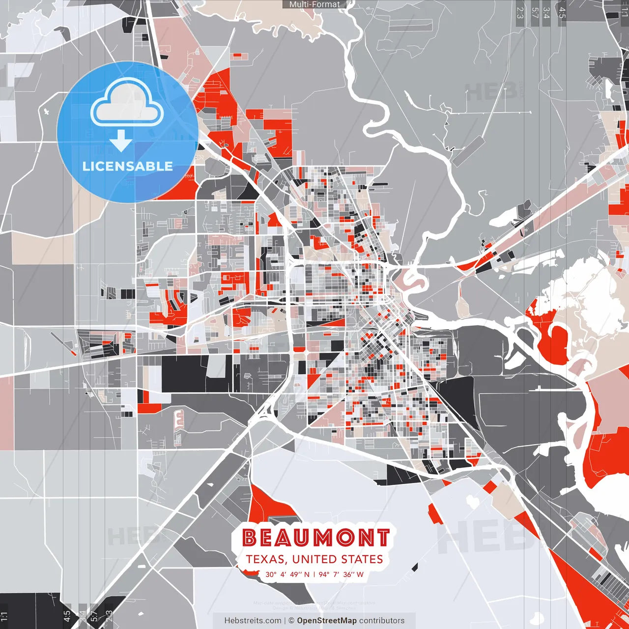 Beaumont, Texas, United States - modern street map poster template with gray and red tones