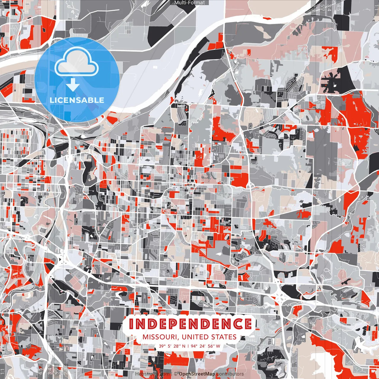 Independence, Missouri, United States - modern street map poster template with gray and red tones
