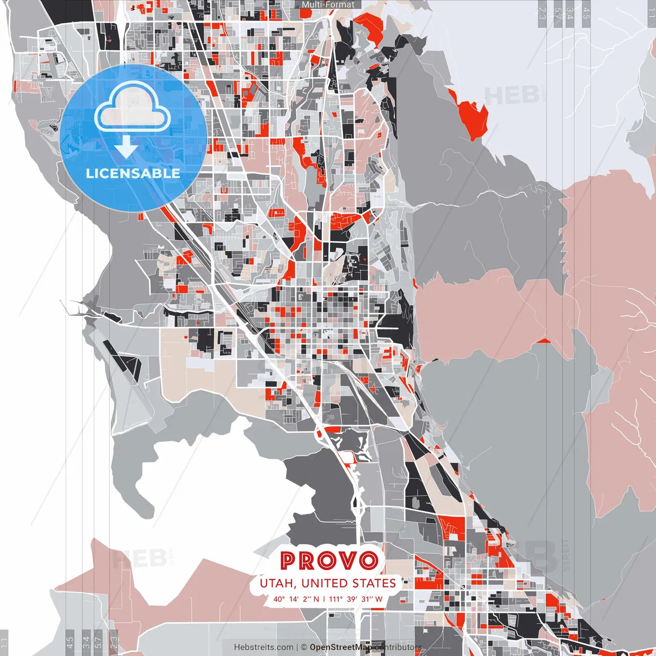 Provo, Utah, United States - modern street map poster template with gray and red tones