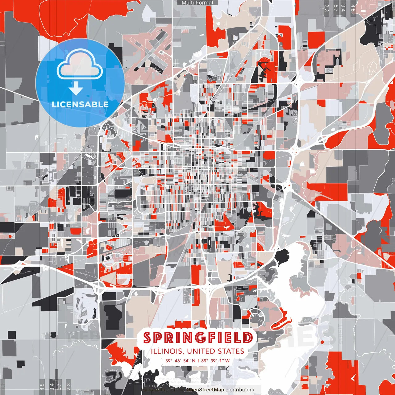 Springfield, Illinois, United States - modern street map poster template with gray and red tones