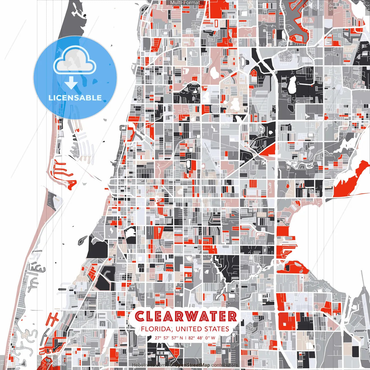 Clearwater, Florida, United States - modern street map poster template with gray and red tones