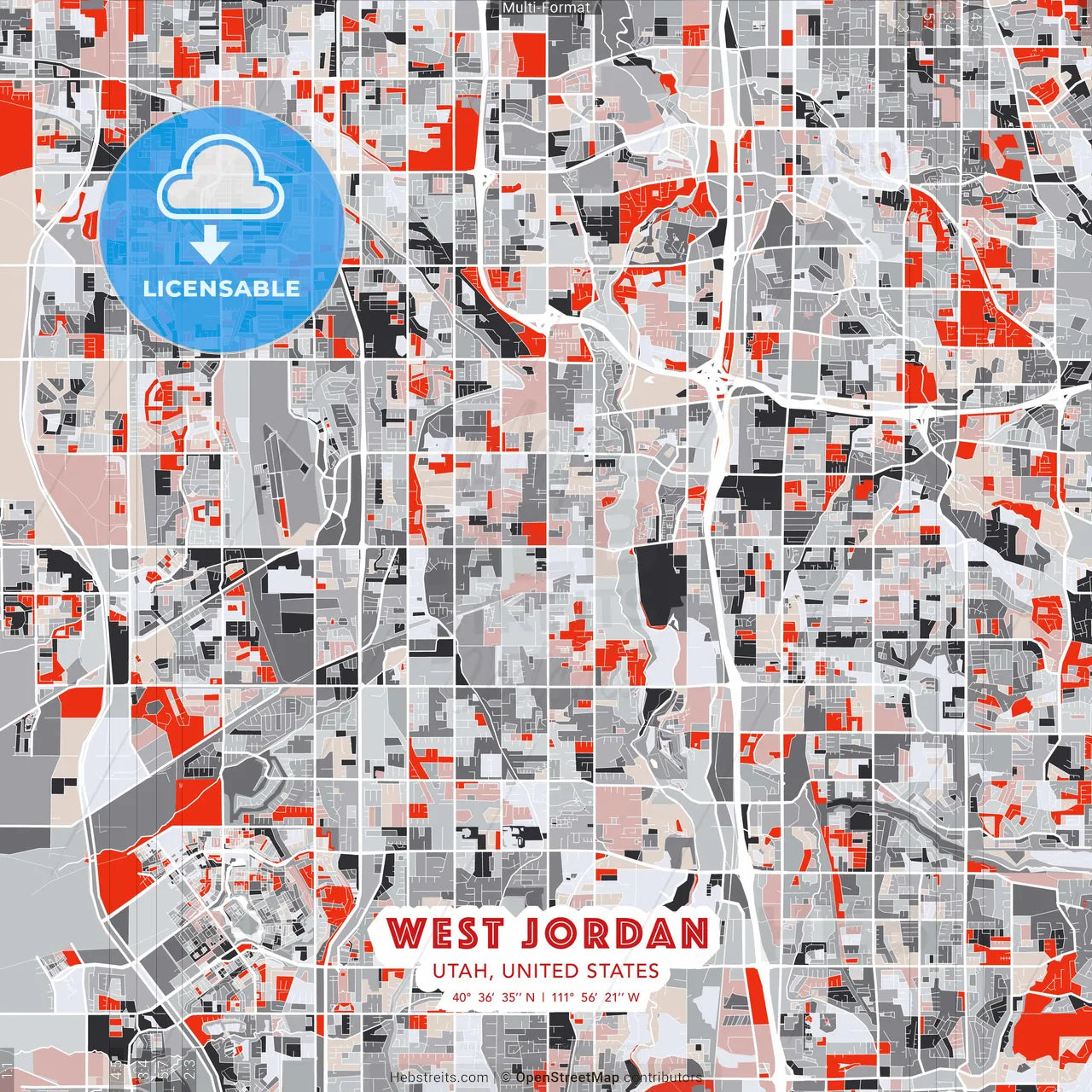 West Jordan, Utah, United States - modern street map poster template with gray and red tones