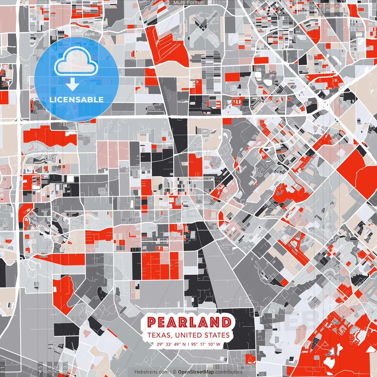 Pearland, Texas, United States - modern street map poster template with gray and red tones