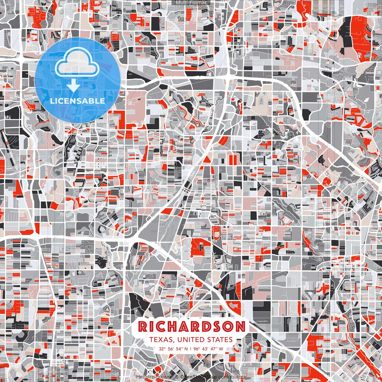 Richardson, Texas, United States - modern street map poster template with gray and red tones