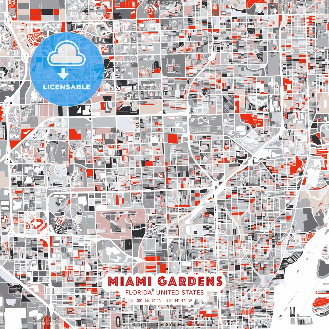 Miami Gardens, Florida, United States - modern street map poster template with gray and red tones