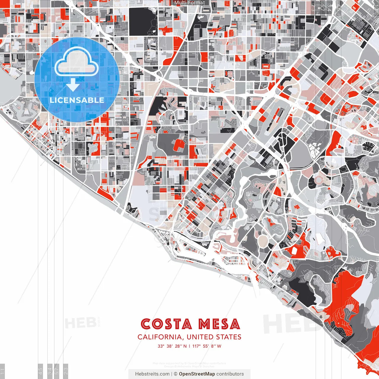 Costa Mesa, California, United States - modern street map poster template with gray and red tones