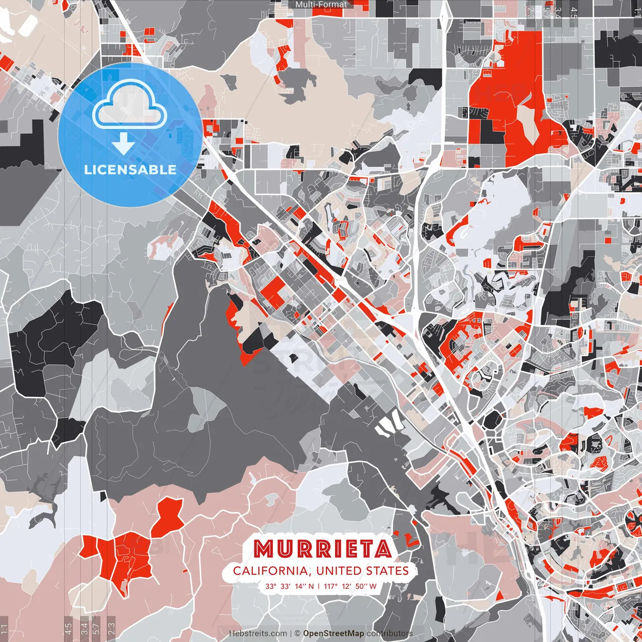 Murrieta, California, United States - modern street map poster template with gray and red tones