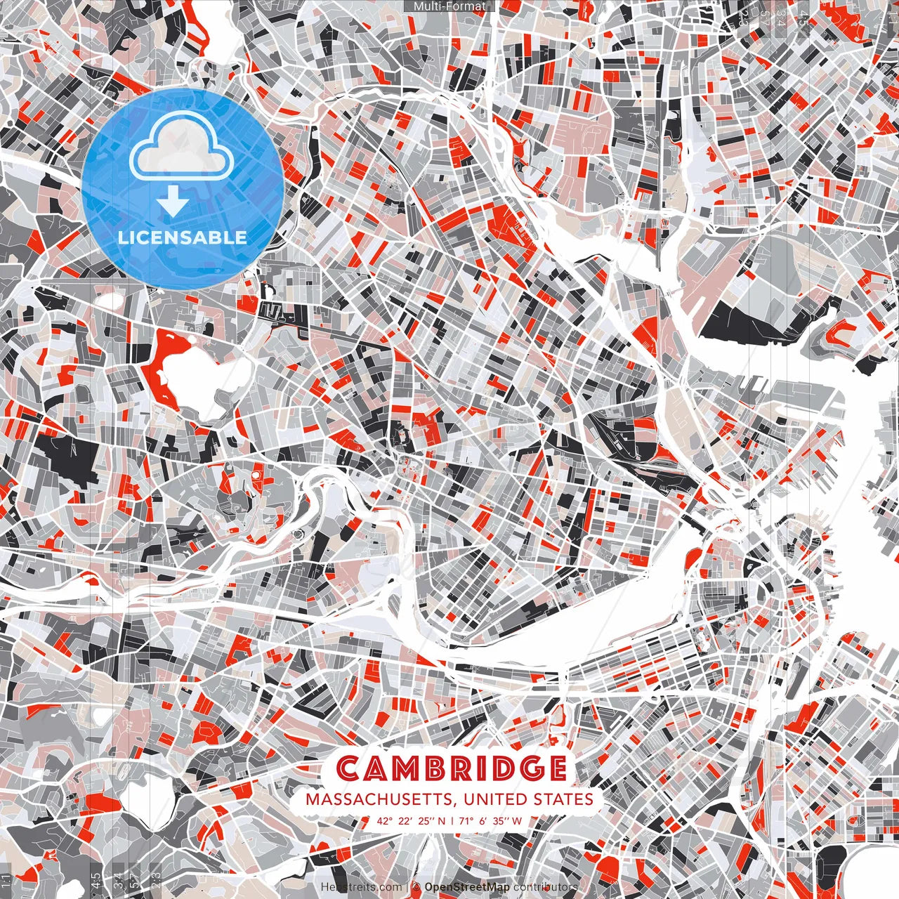 Cambridge, Massachusetts, United States - modern street map poster template with gray and red tones