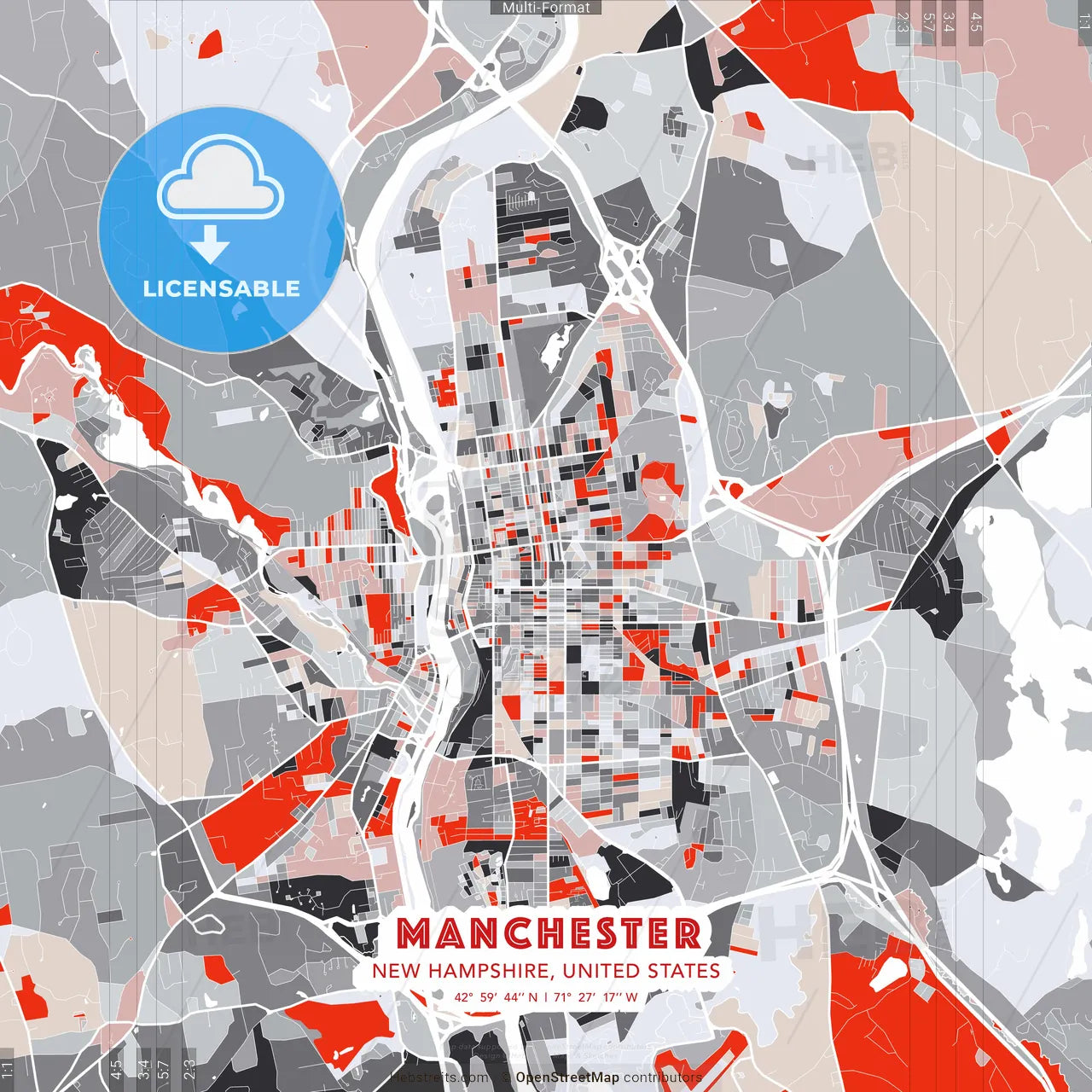 Manchester, New Hampshire, United States - modern street map poster template with gray and red tones