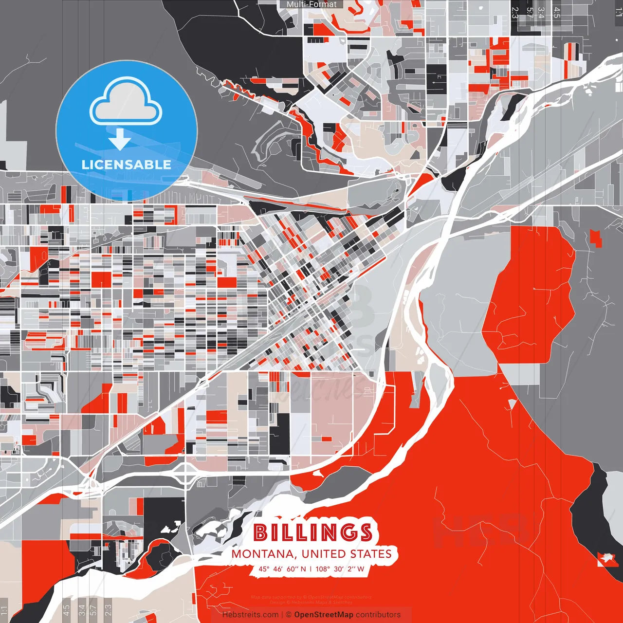 Billings, Montana, United States - modern street map poster template with gray and red tones