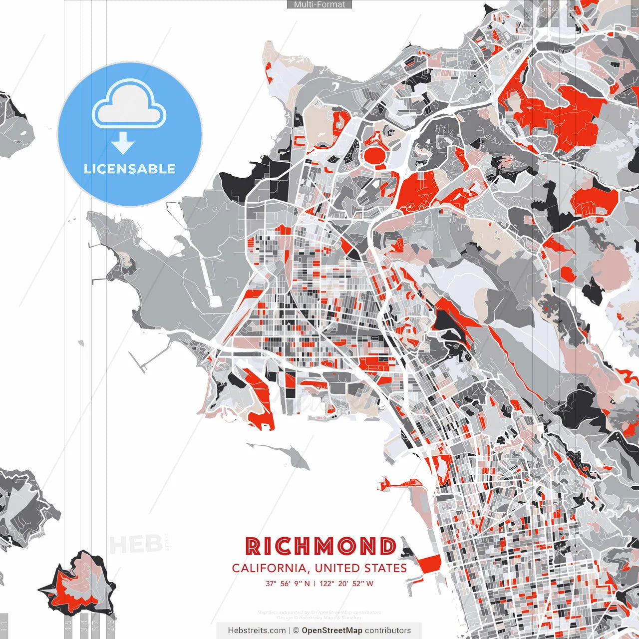 Richmond, California, United States - modern street map poster template with gray and red tones