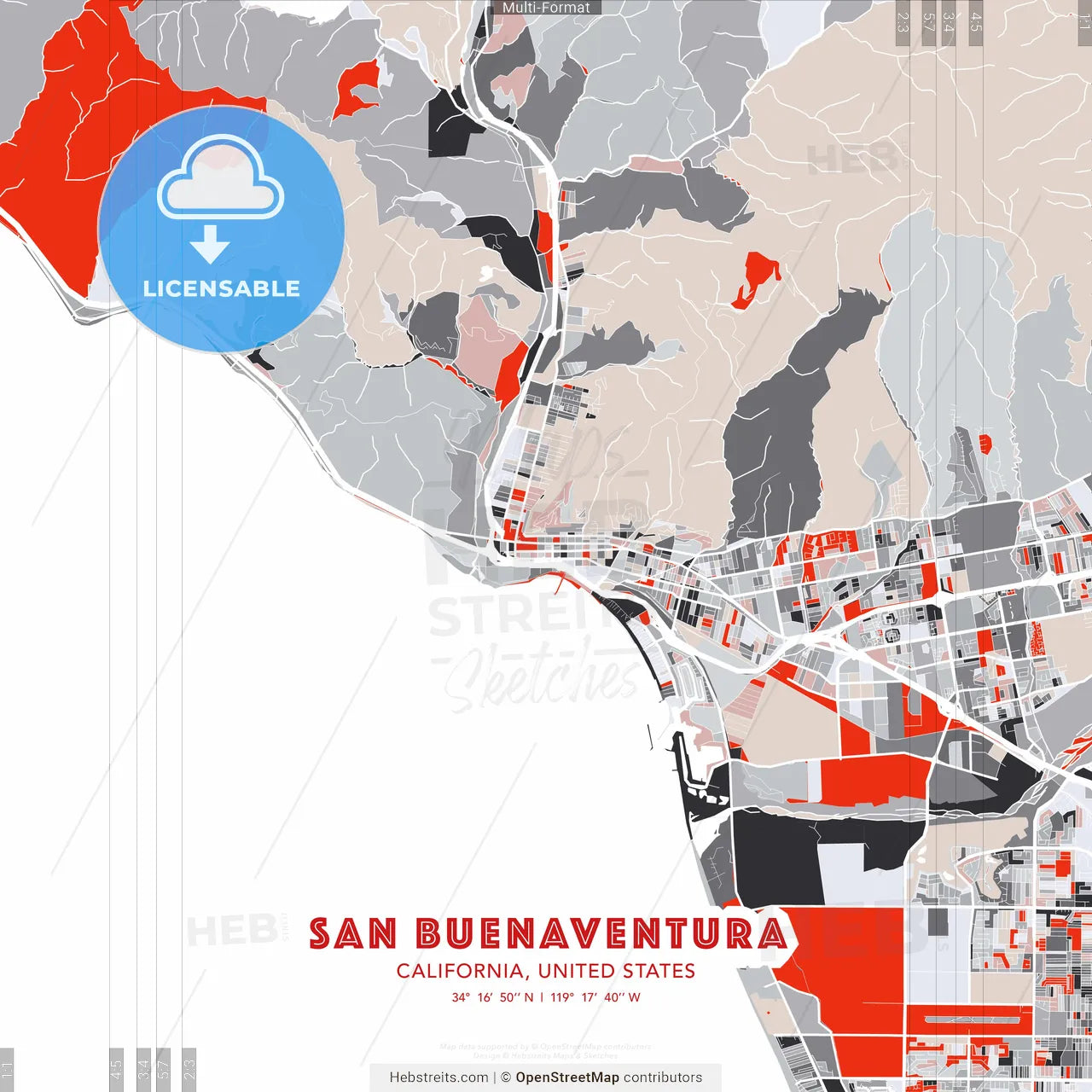 San Buenaventura, California, United States - modern street map poster template with gray and red tones