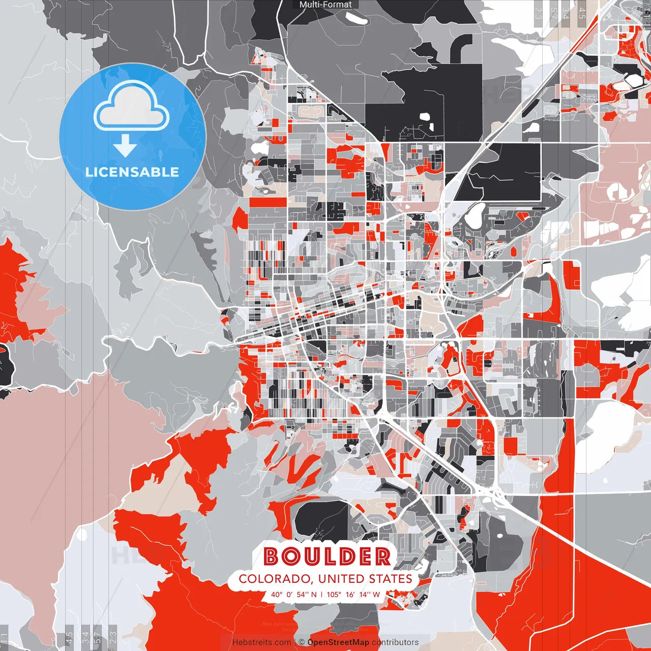 Boulder, Colorado, United States - modern street map poster template with gray and red tones