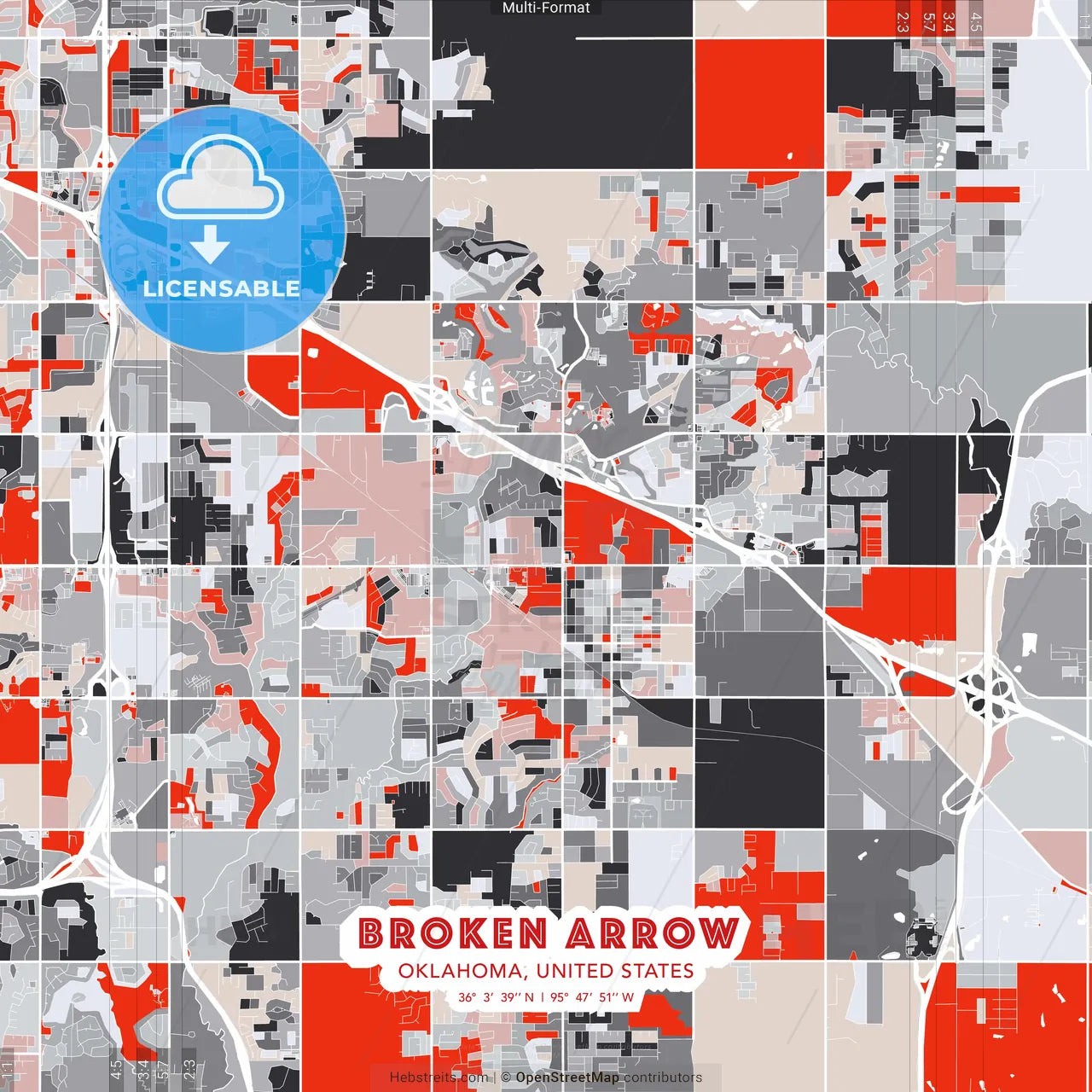 Broken Arrow, Oklahoma, United States - modern street map poster template with gray and red tones