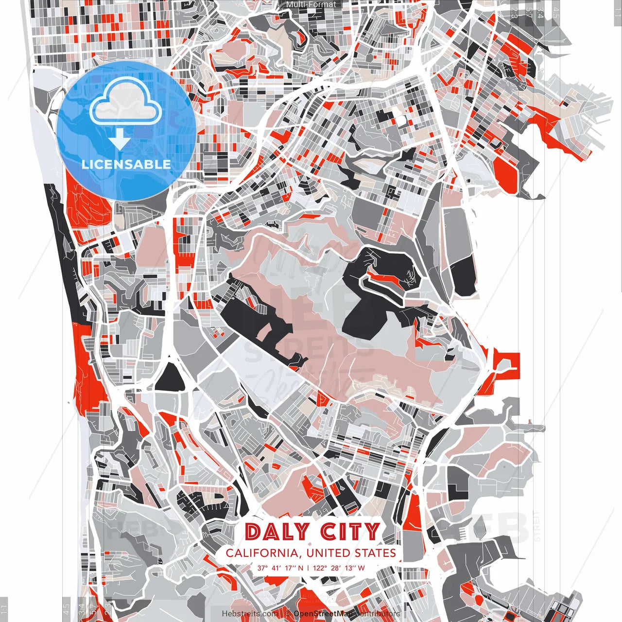 Daly City, California, United States - modern street map poster template with gray and red tones