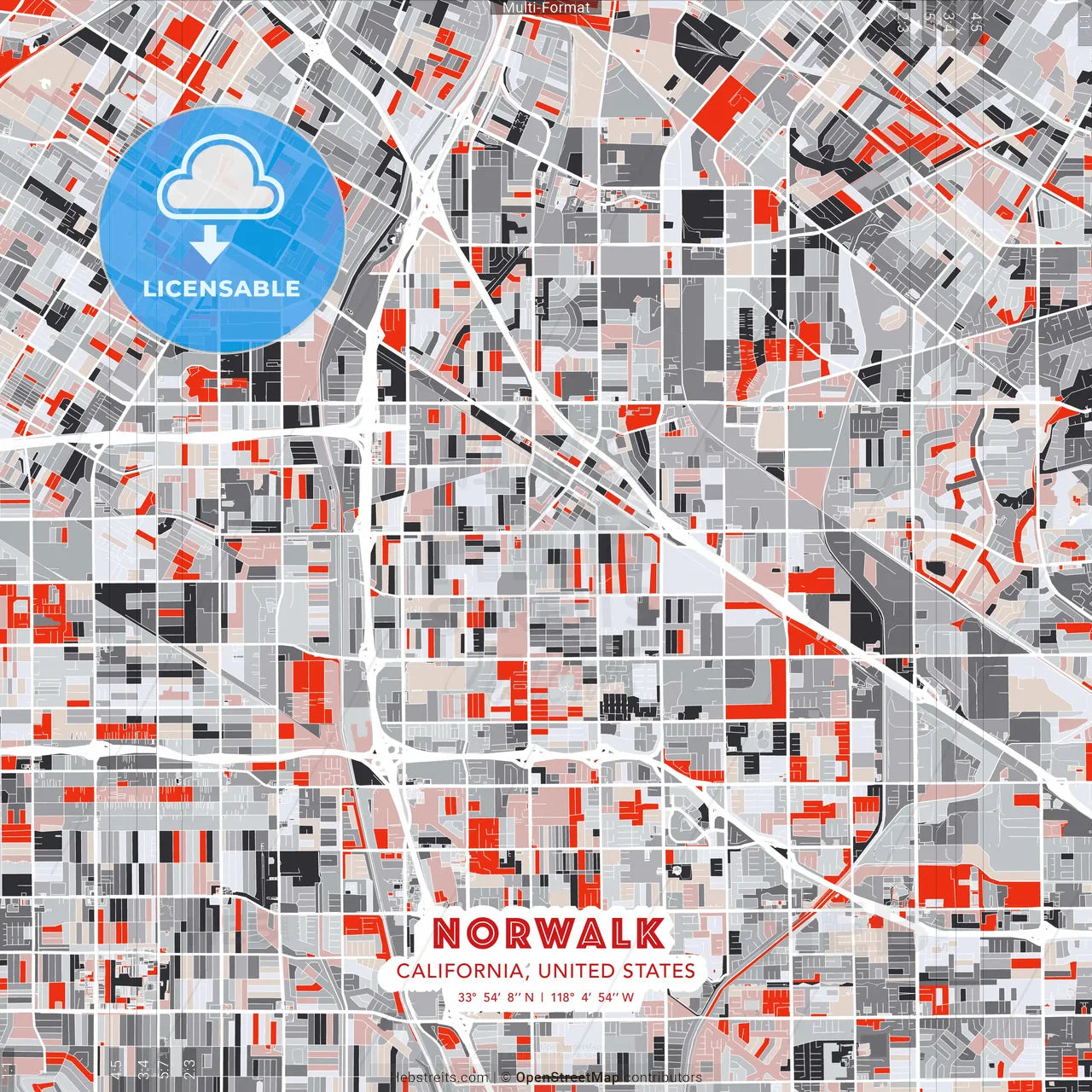 Norwalk, California, United States - modern street map poster template with gray and red tones