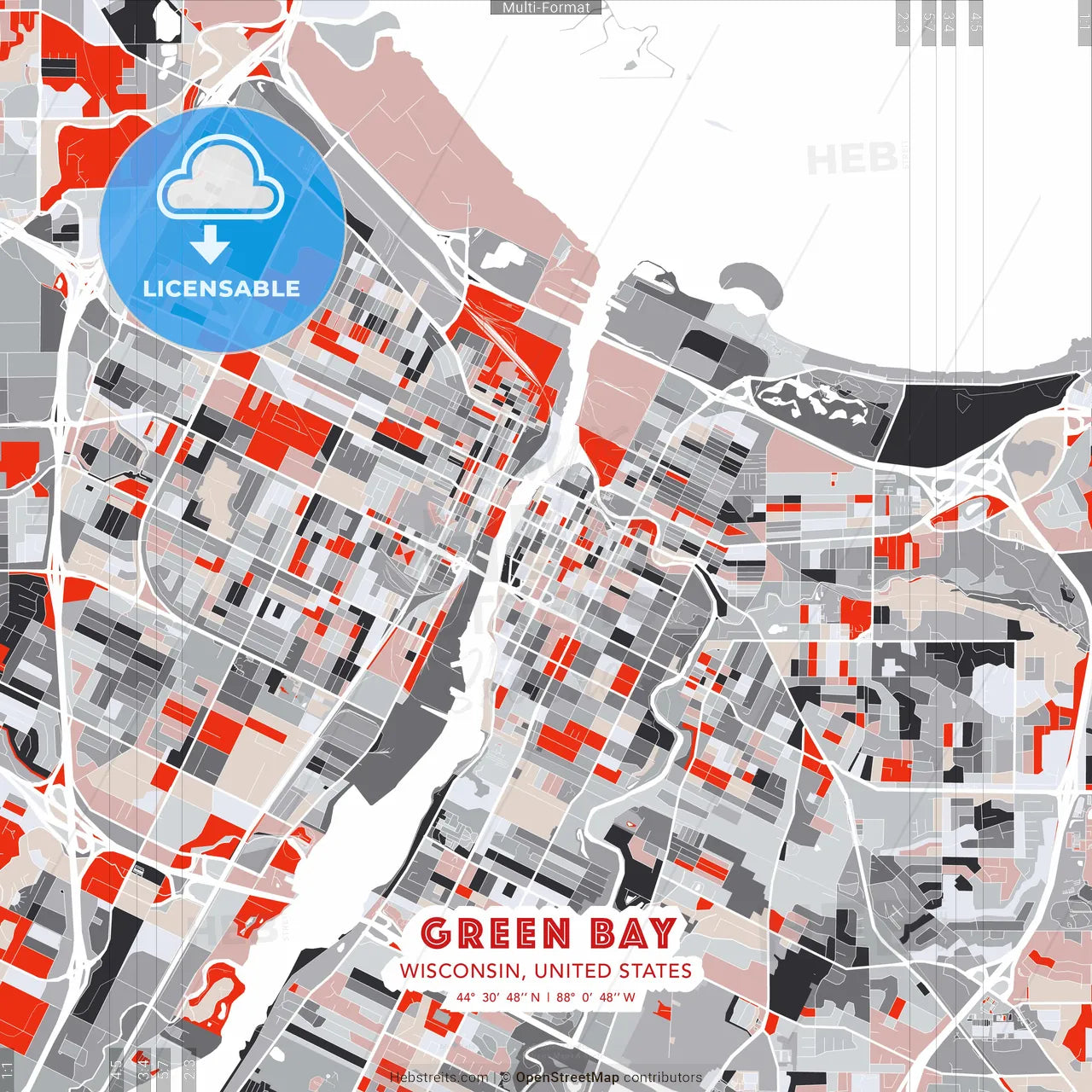 Green Bay, Wisconsin, United States - modern street map poster template with gray and red tones