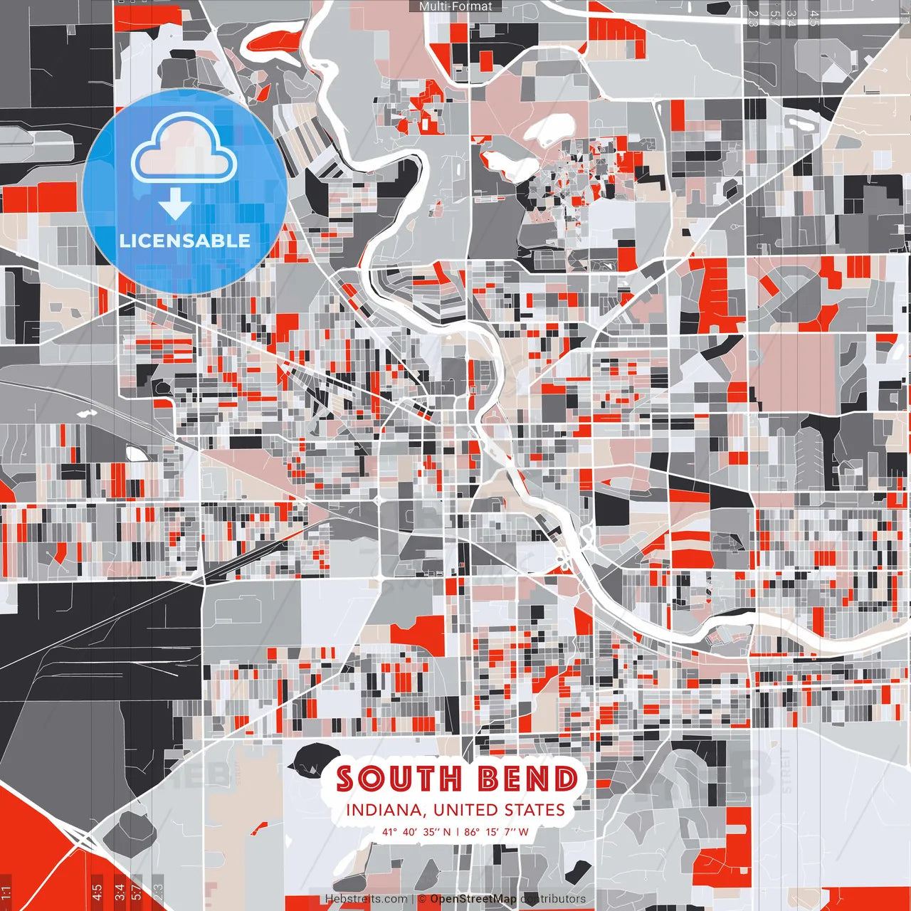 South Bend, Indiana, United States - modern street map poster template with gray and red tones