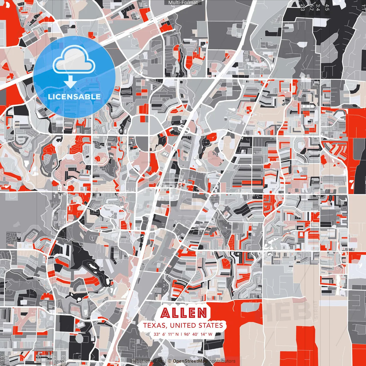 Allen, Texas, United States - modern street map poster template with gray and red tones