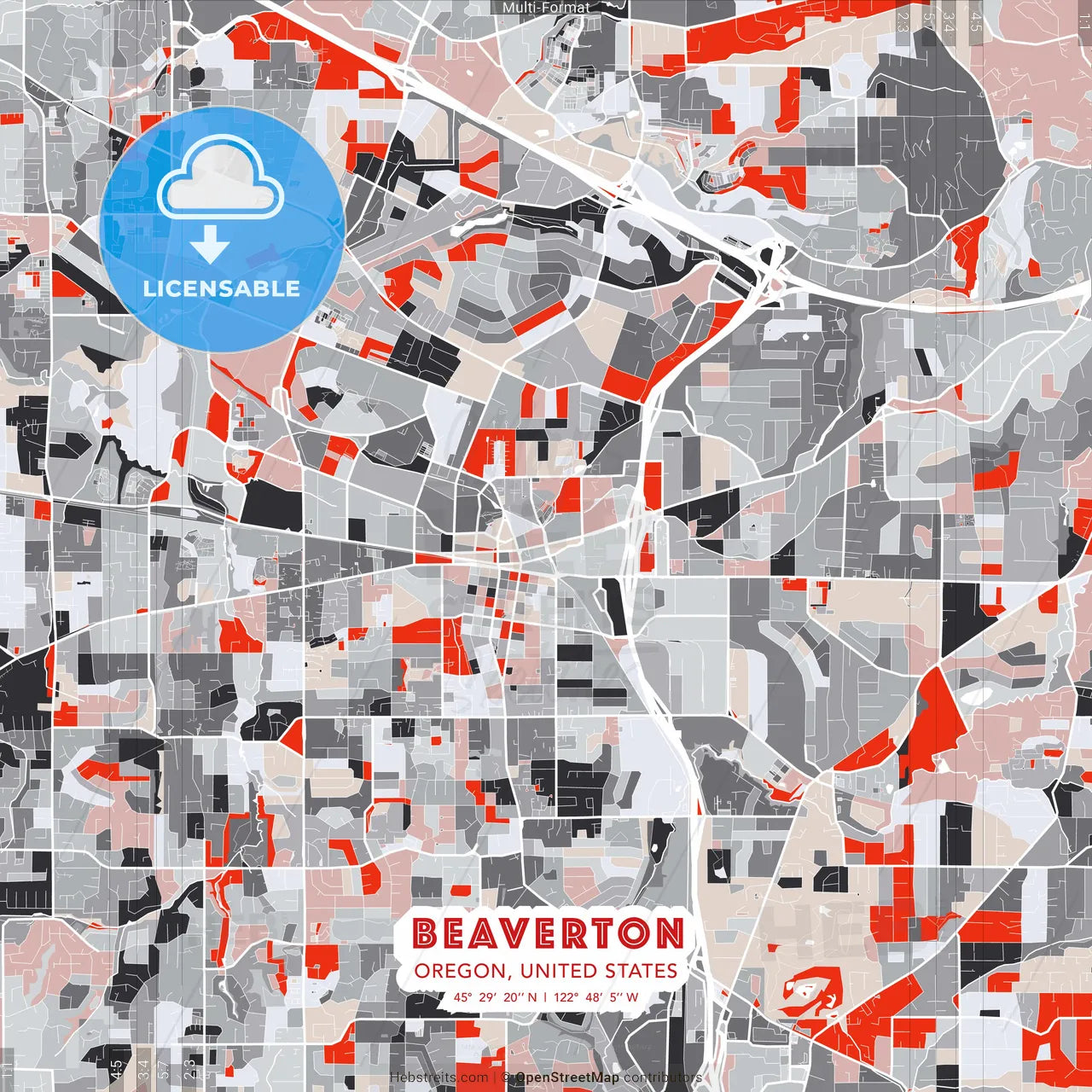 Beaverton, Oregon, United States - modern street map poster template with gray and red tones